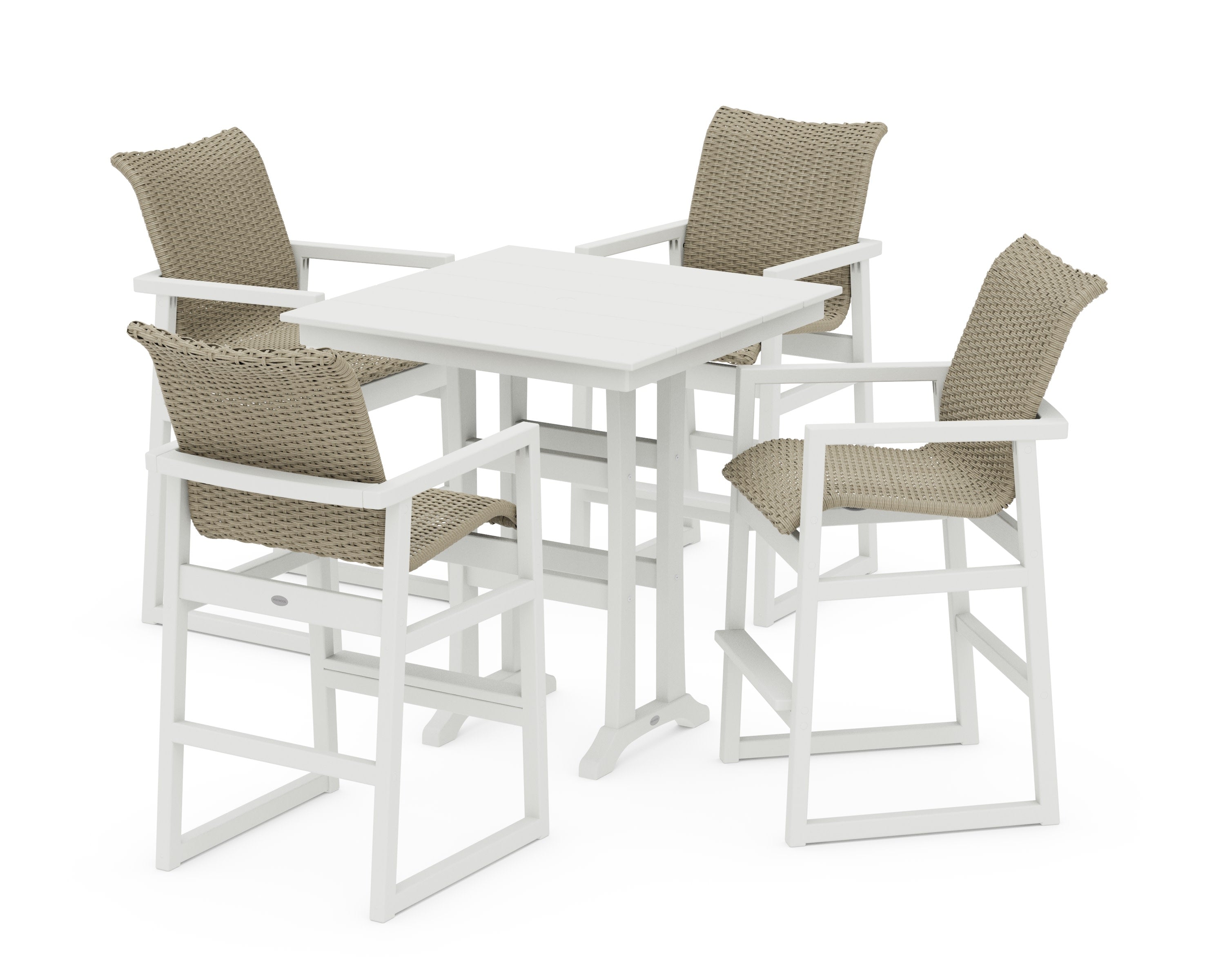 EDGE Woven 5-Piece Farmhouse Bar Set with Trestle Legs in Vintage White / Dune Grass
