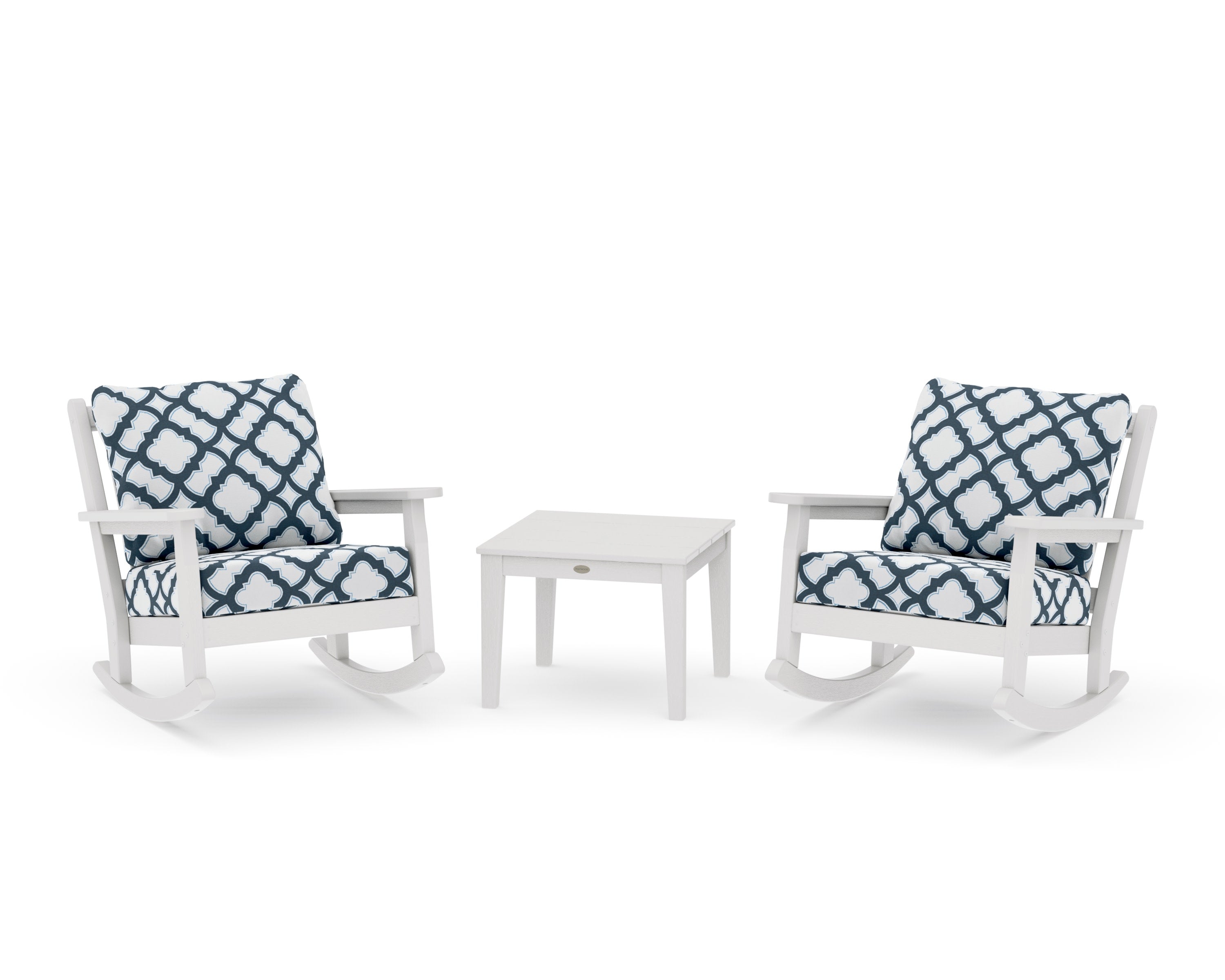 Chippendale 3-Piece Deep Seating Rocker Set in Vintage White / Trellis Marine Indigo