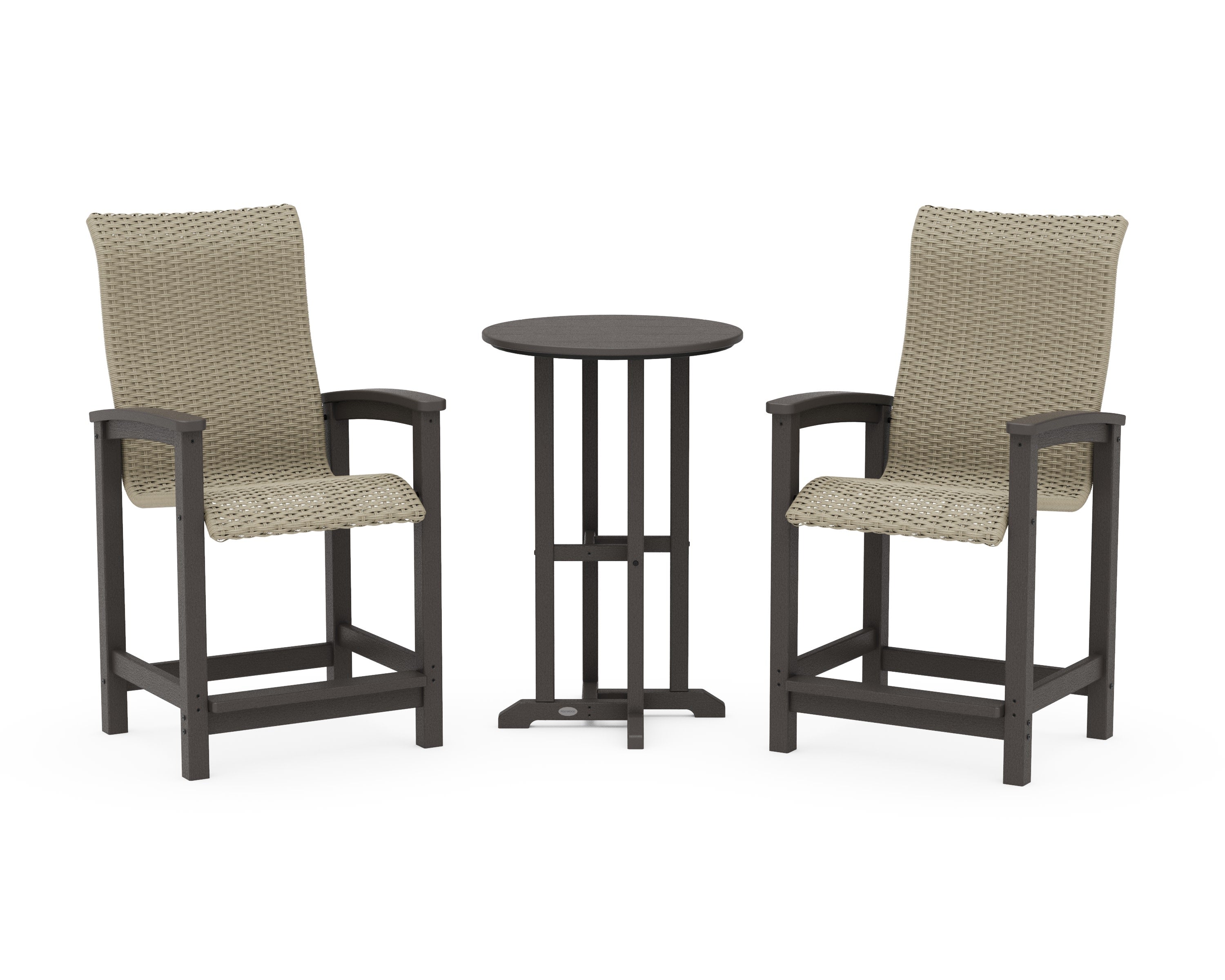 Coastal Woven High-Back 3-Piece Farmhouse Counter Set in Vintage Coffee / Dune Grass