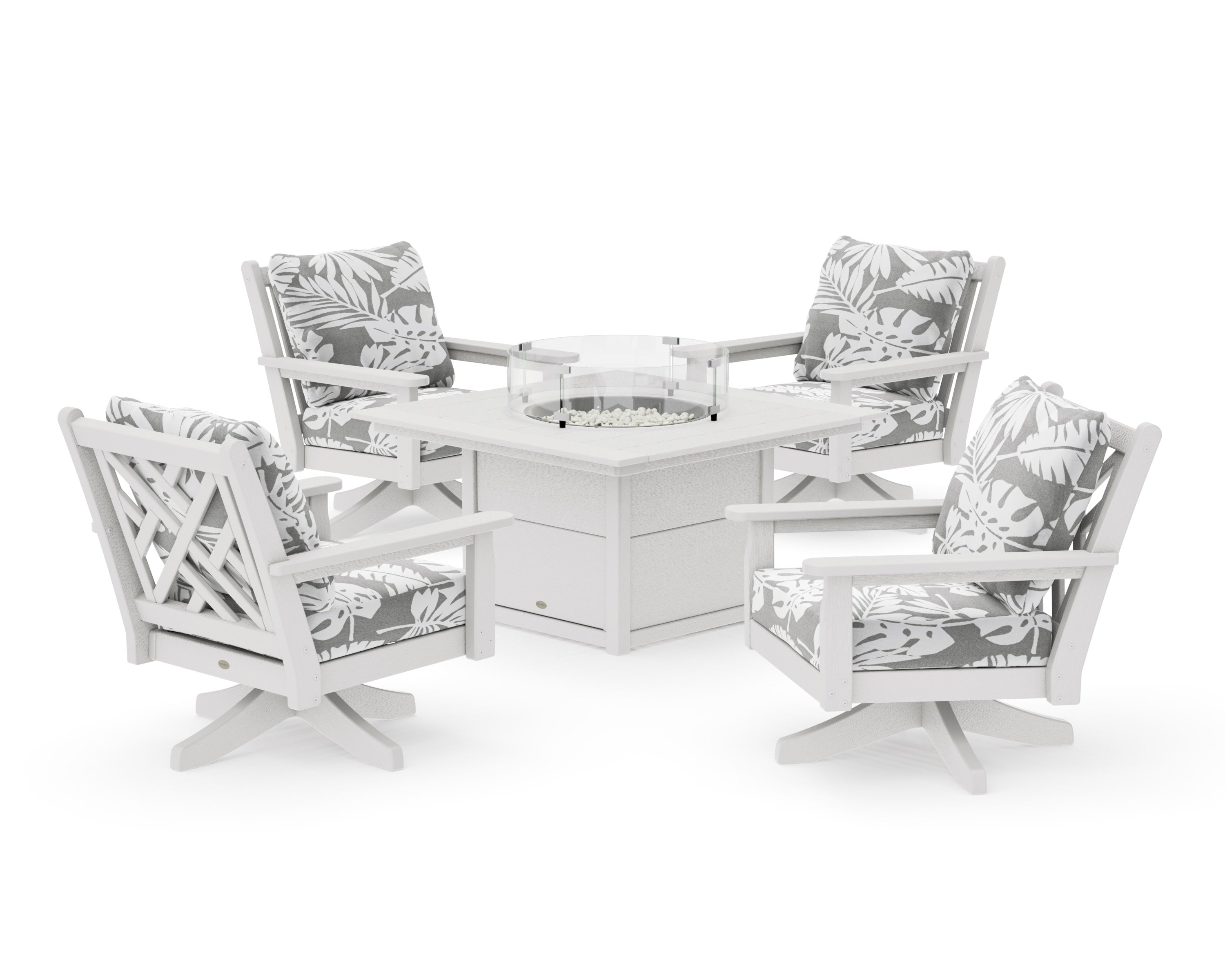 Chippendale 5-Piece Deep Seating Swivel Conversation Set with Fire Pit Table in Vintage White / Leaf Grey Mist