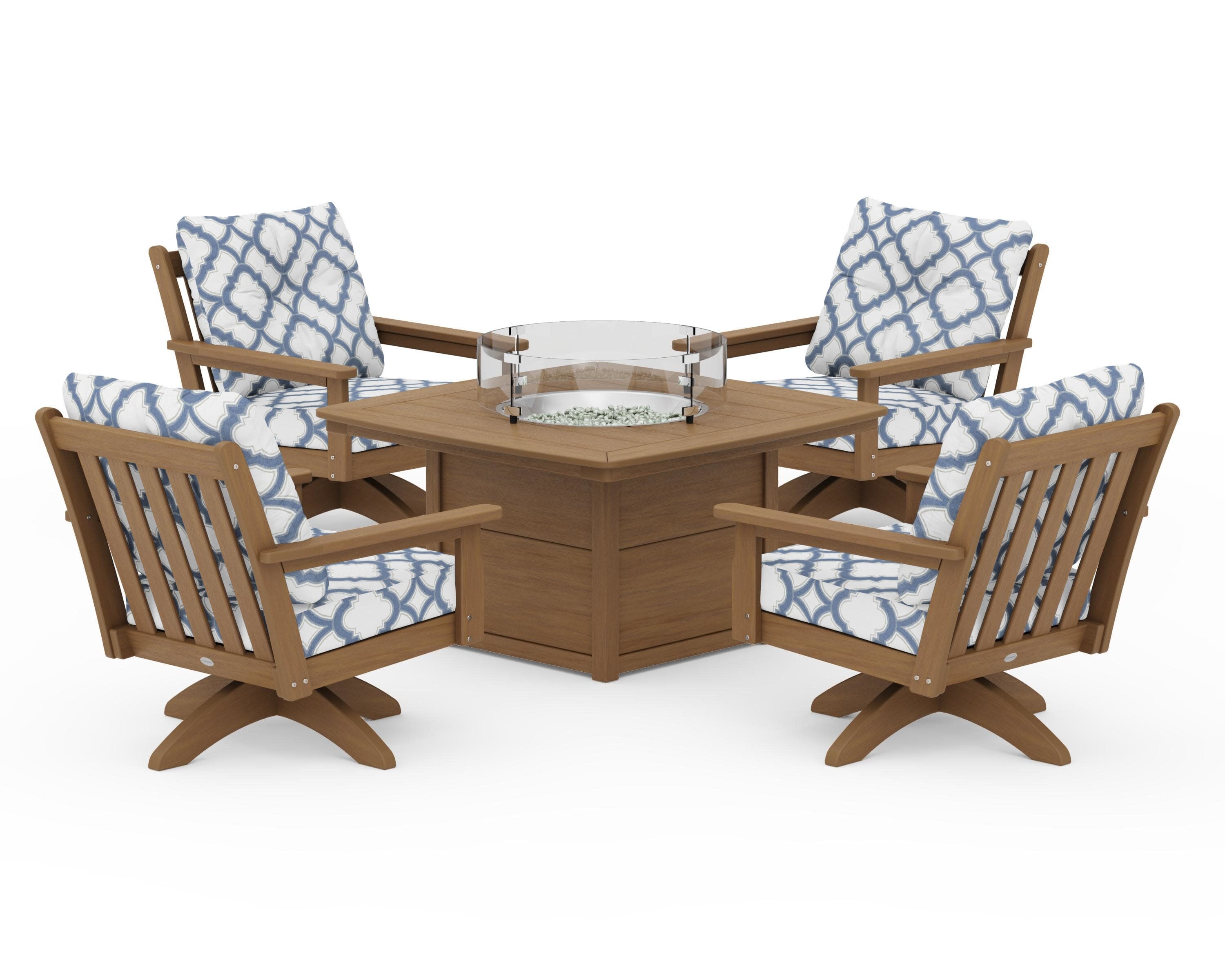 Vineyard 5-Piece Deep Seating Swivel Conversation Set with Fire Pit Table in Natural / Trellis Sky Blue