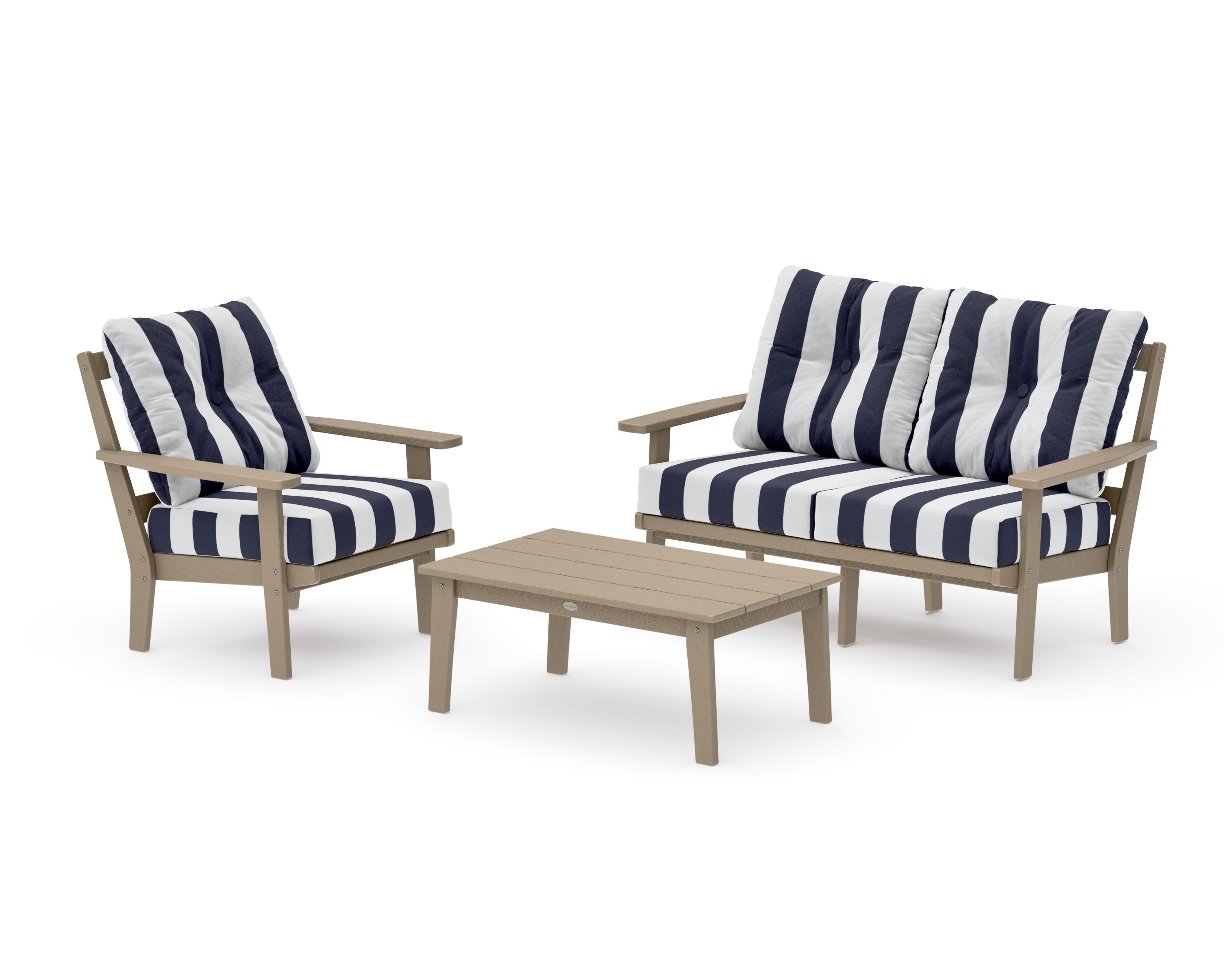 Prairie 3-Piece Deep Seating Set with Loveseat in Vintage Sahara / Cabana Stripe Navy