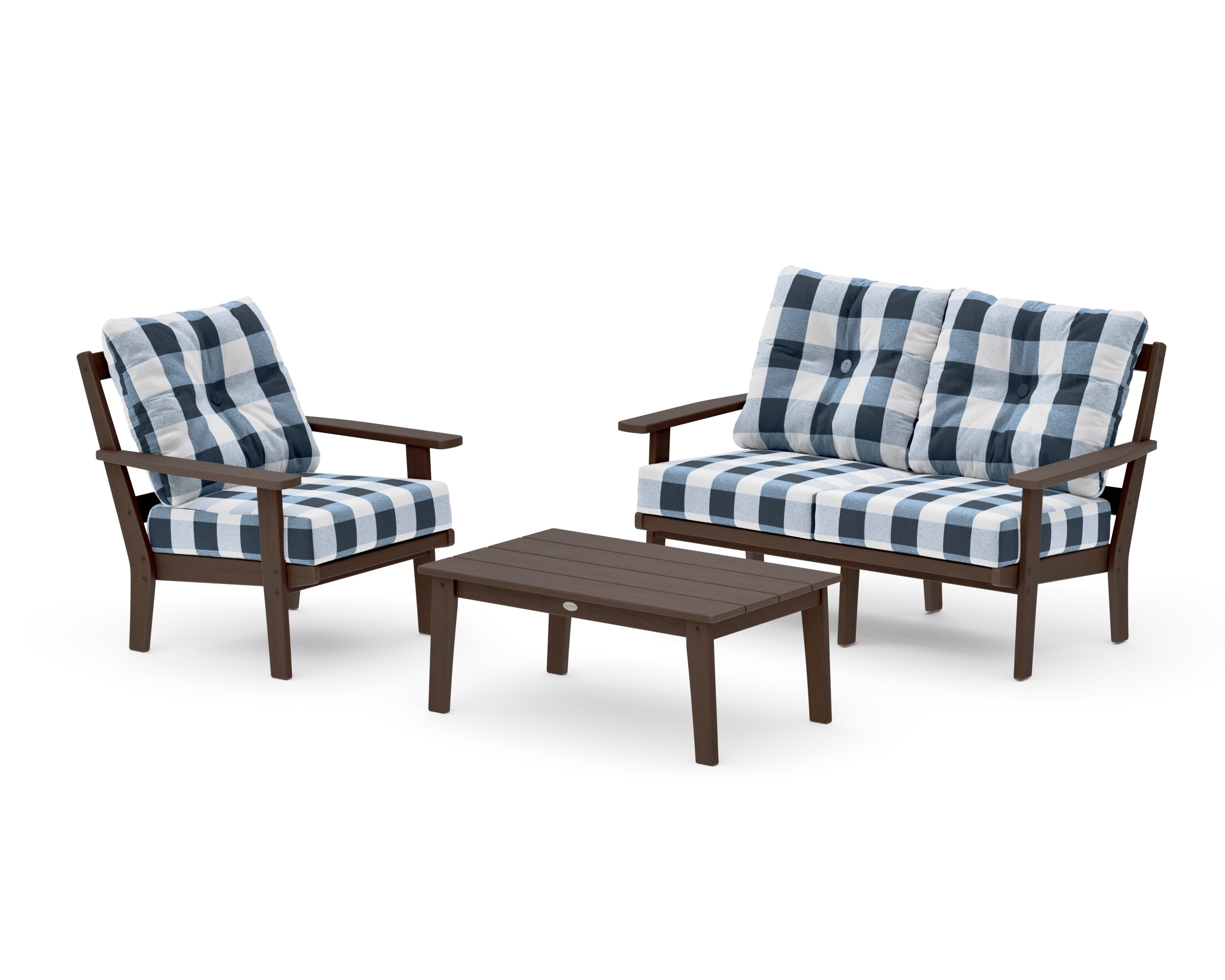 Prairie 3-Piece Deep Seating Set with Loveseat in Kona / Buffalo Plaid Marine Indigo