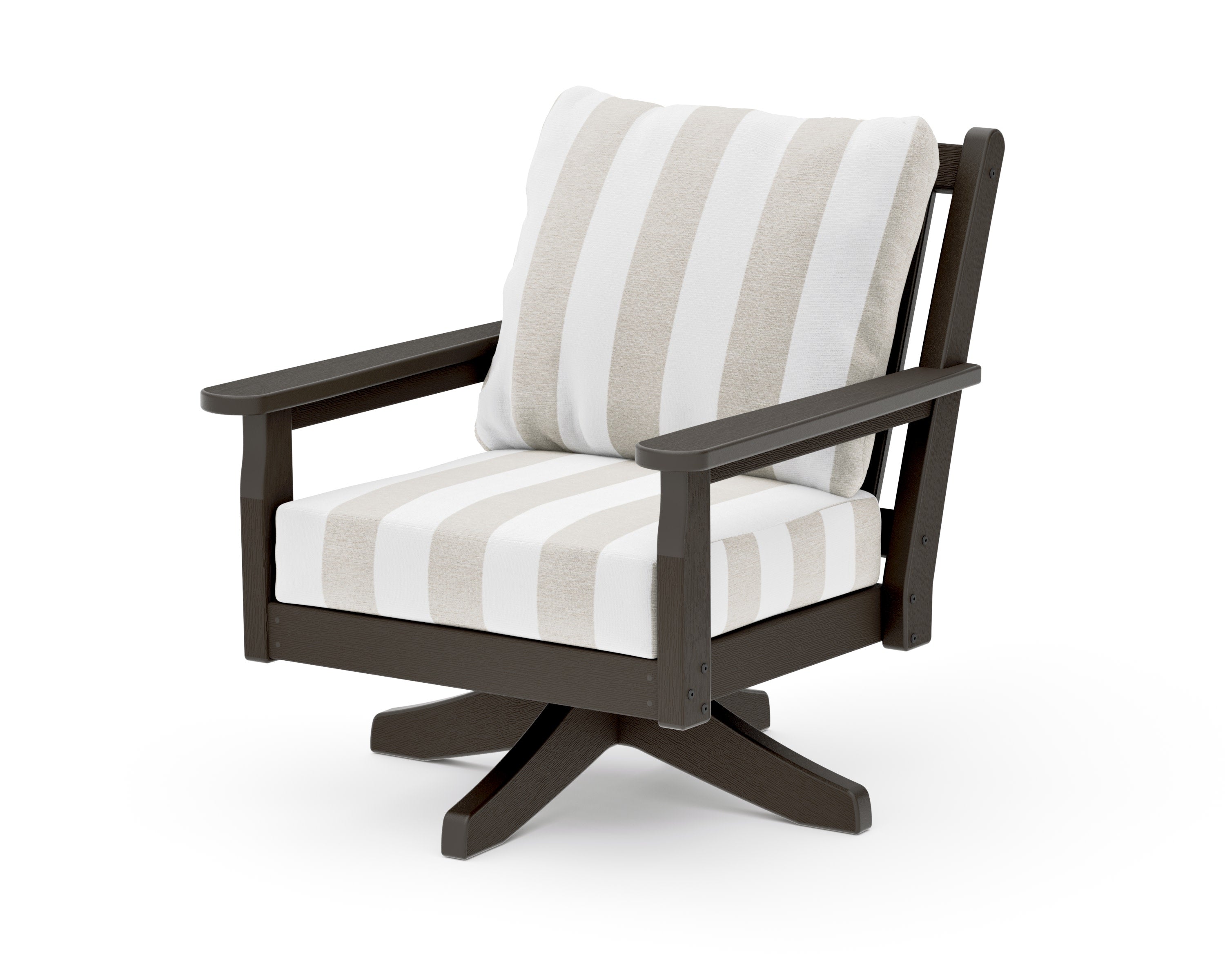 Chippendale Deep Seating Swivel Chair in Vintage Coffee / Cabana Stripe Dune Burlap