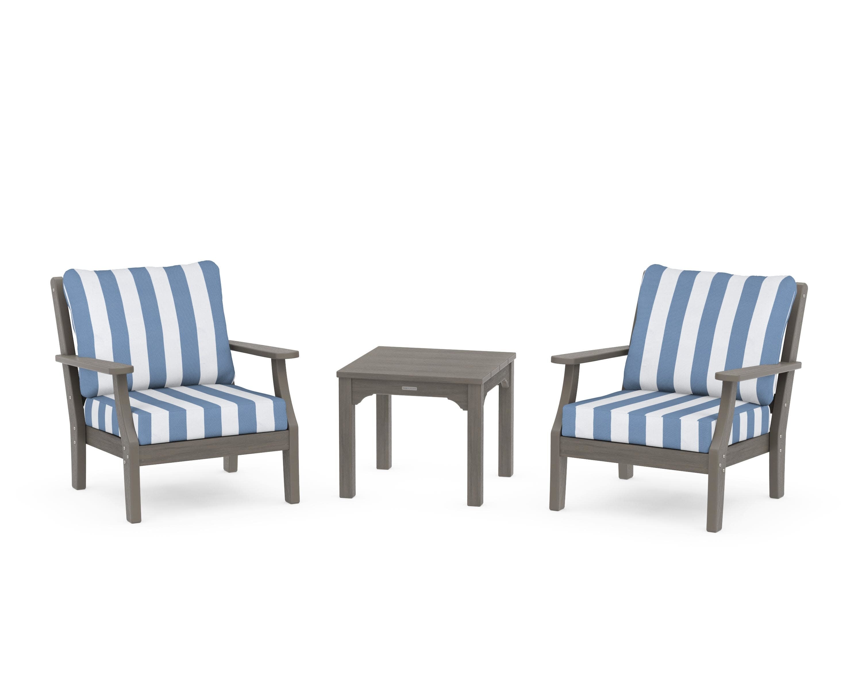 Chinoiserie 3-Piece Deep Seating Set in Driftwood / Cabana Stripe Sky Blue