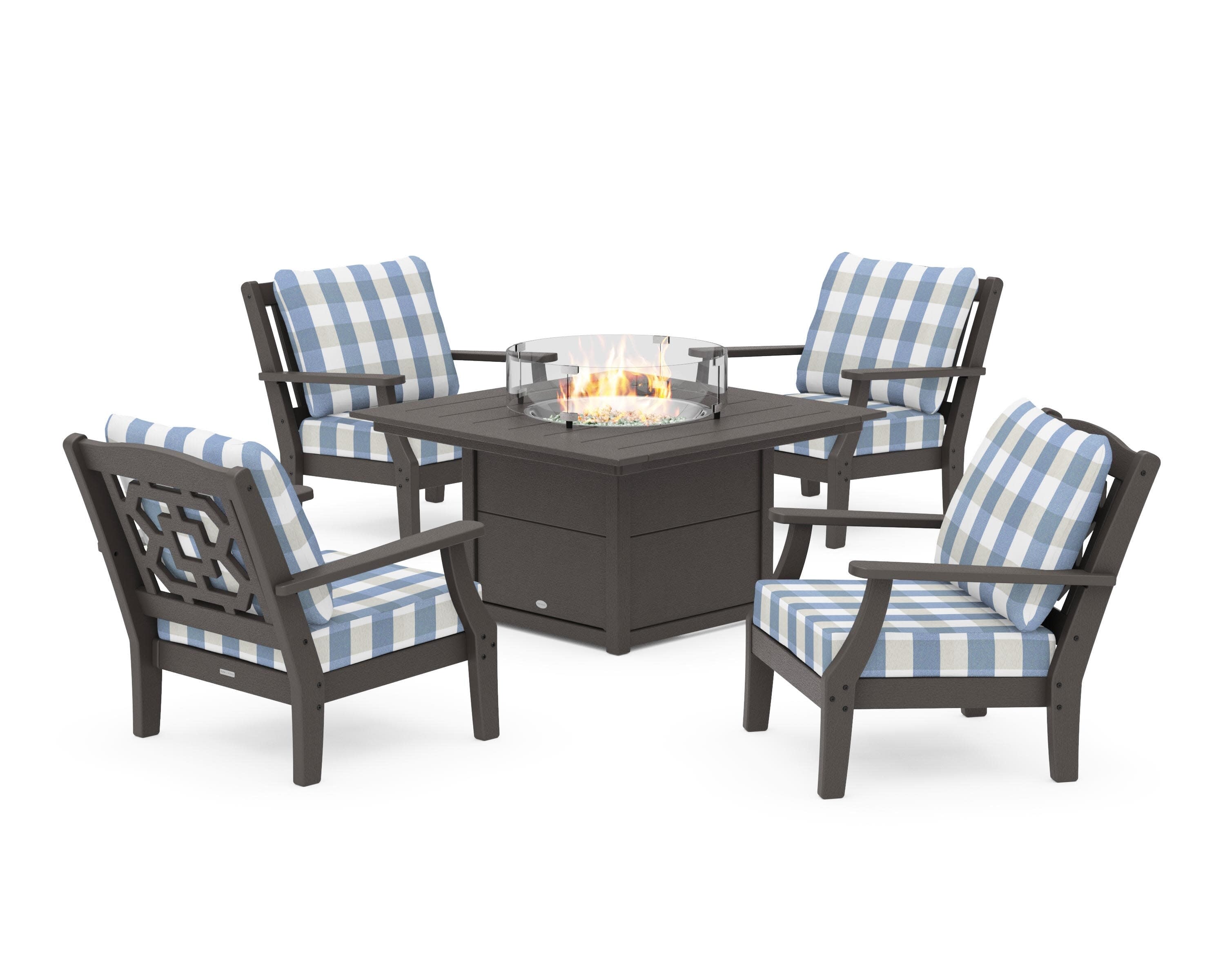 Chinoiserie 5-Piece Deep Seating Set with Fire Pit Table in Vintage Coffee / Buffalo Plaid Sky Blue