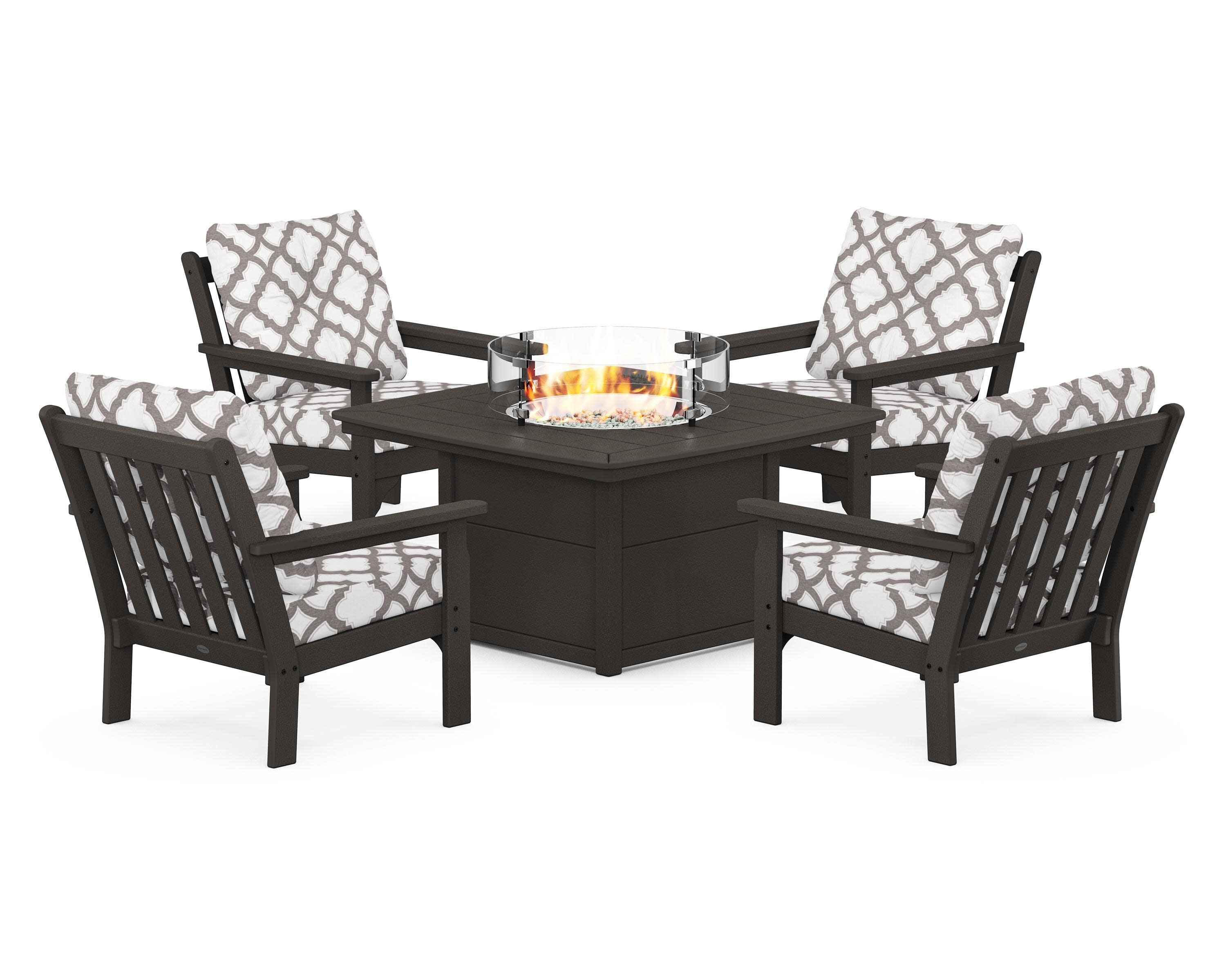 Vineyard 5-Piece Conversation Set with Fire Pit Table in Vintage Coffee / Trellis Grey Mist