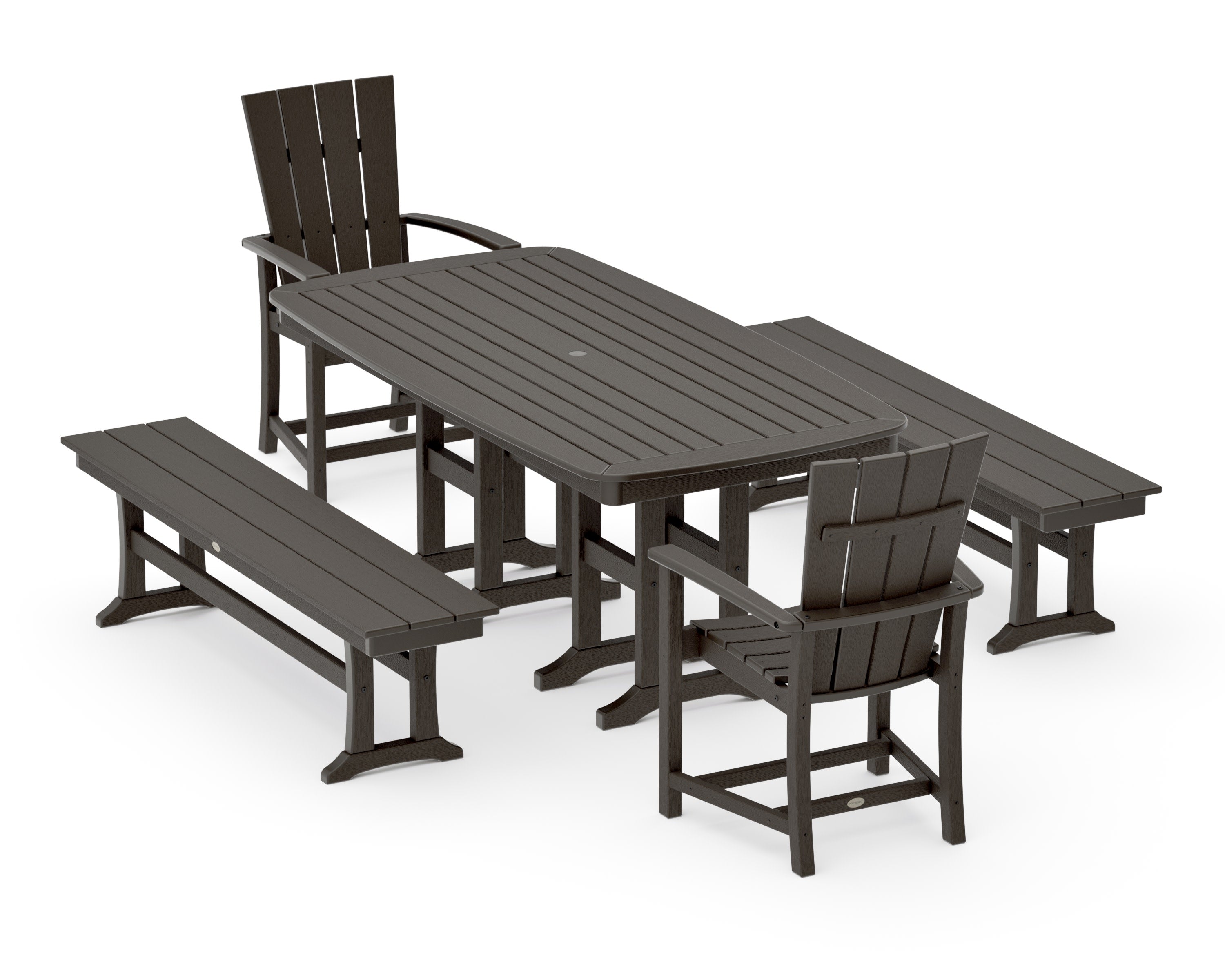 Quattro 5-Piece Farmhouse Dining Set with Benches in Vintage Coffee