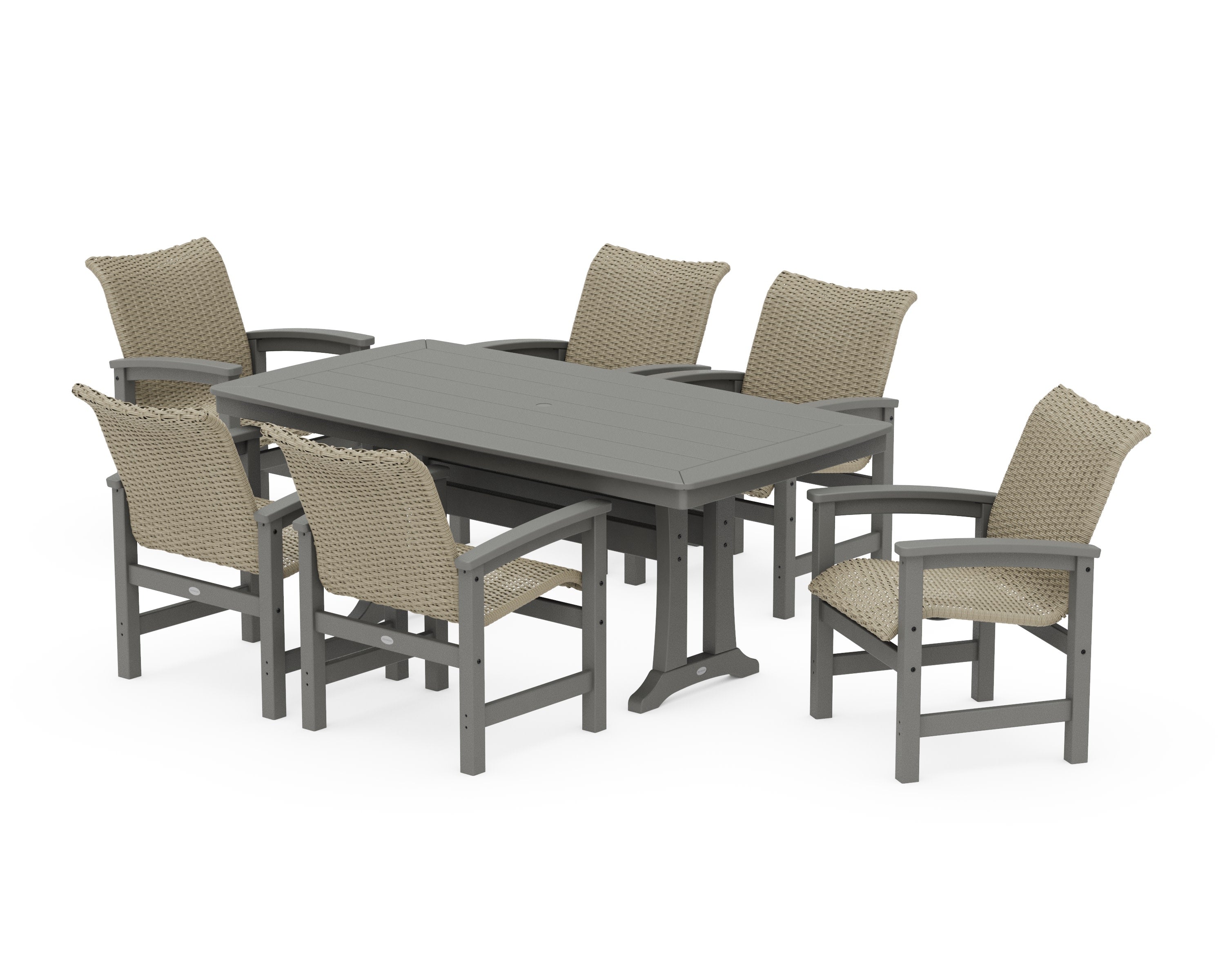 Coastal Woven Arm Chair 7-Piece Dining Set with Trestle Legs in Slate Grey / Dune Grass