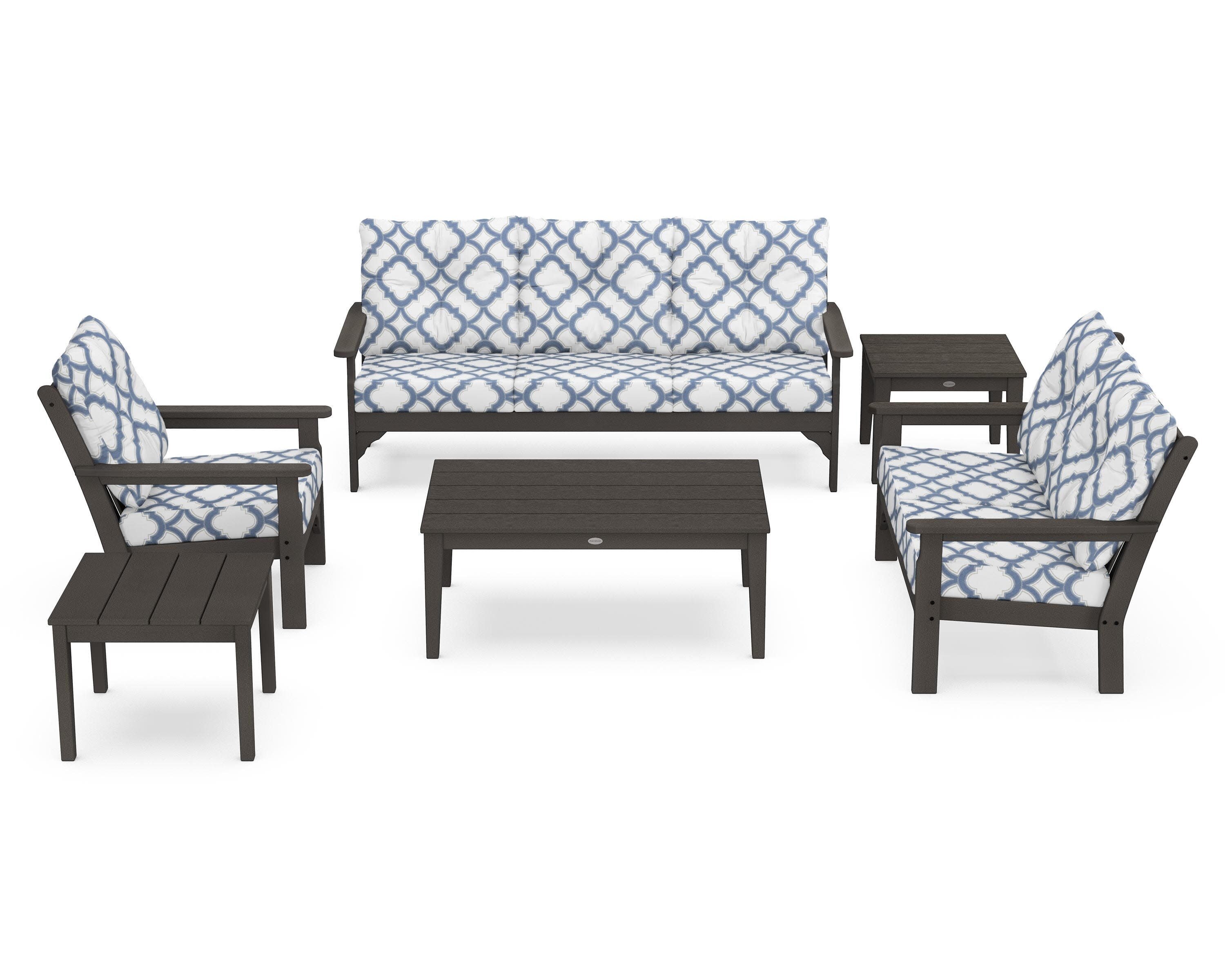 Vineyard 6-Piece Deep Seating Set in Vintage Coffee / Trellis Sky Blue