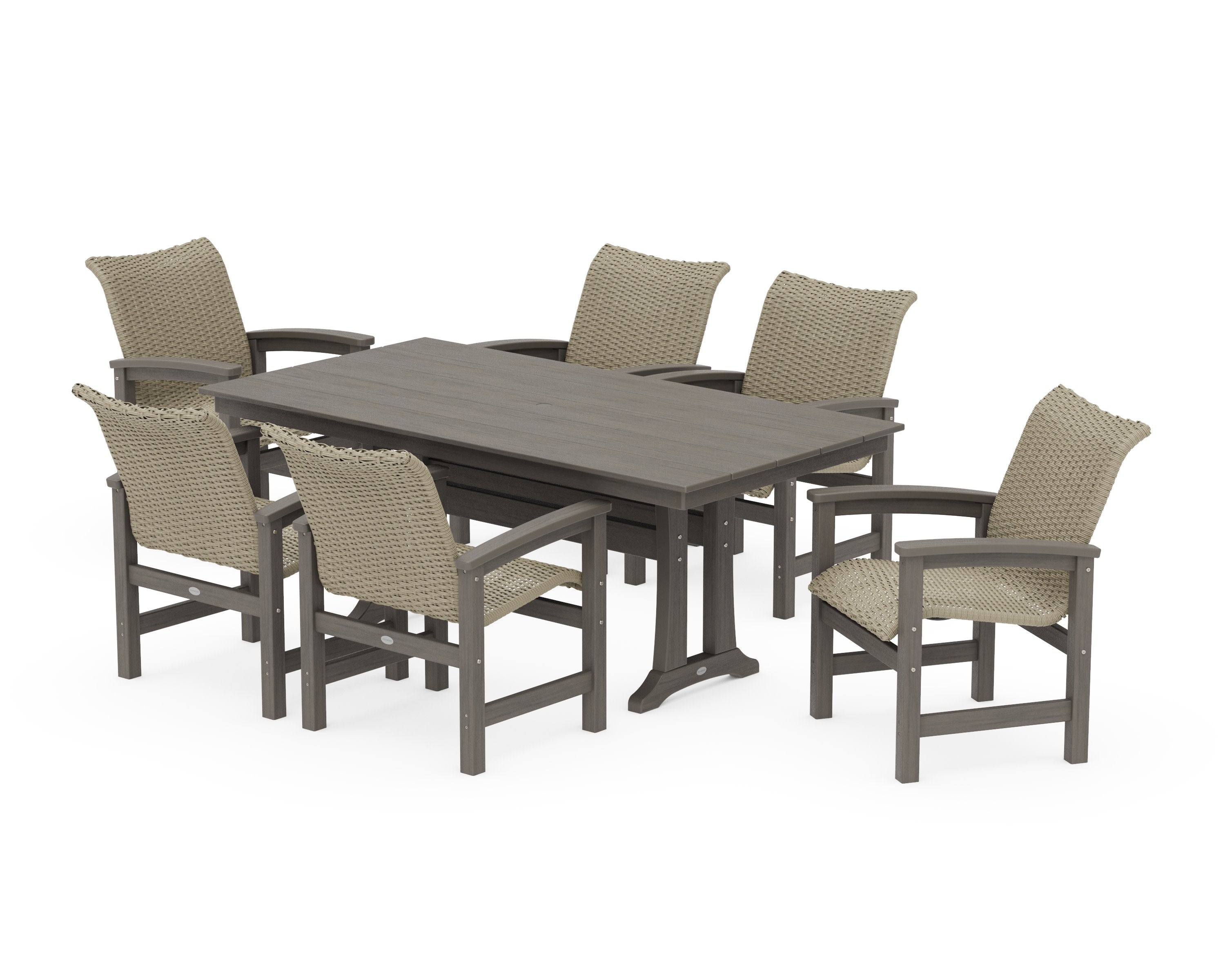 Coastal Woven Arm Chair 7-Piece Farmhouse Dining Set with Trestle Legs in Driftwood / Dune Grass