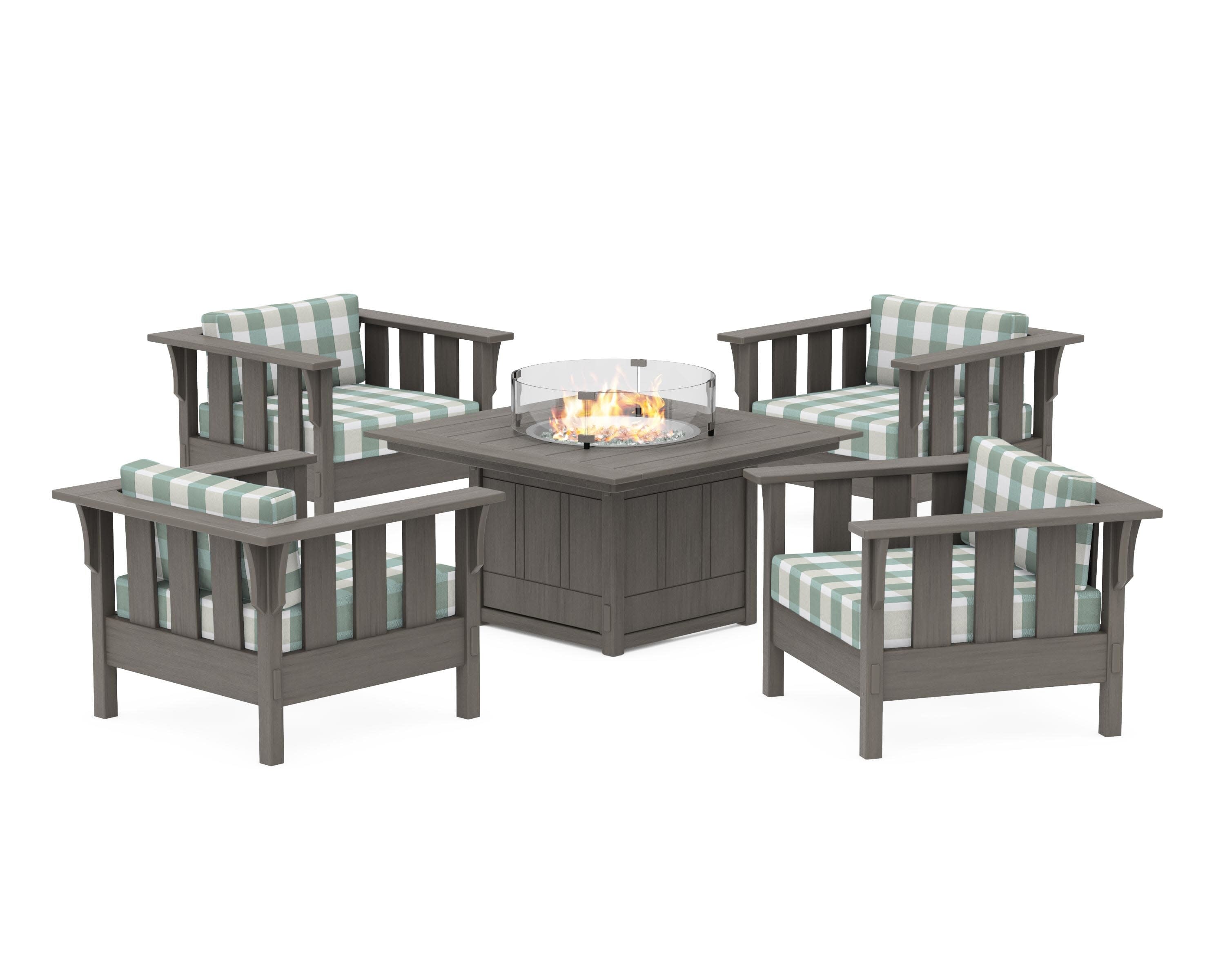 Acadia 5-Piece Deep Seating Set with Fire Pit Table in Driftwood / Buffalo Plaid Glacier Spa