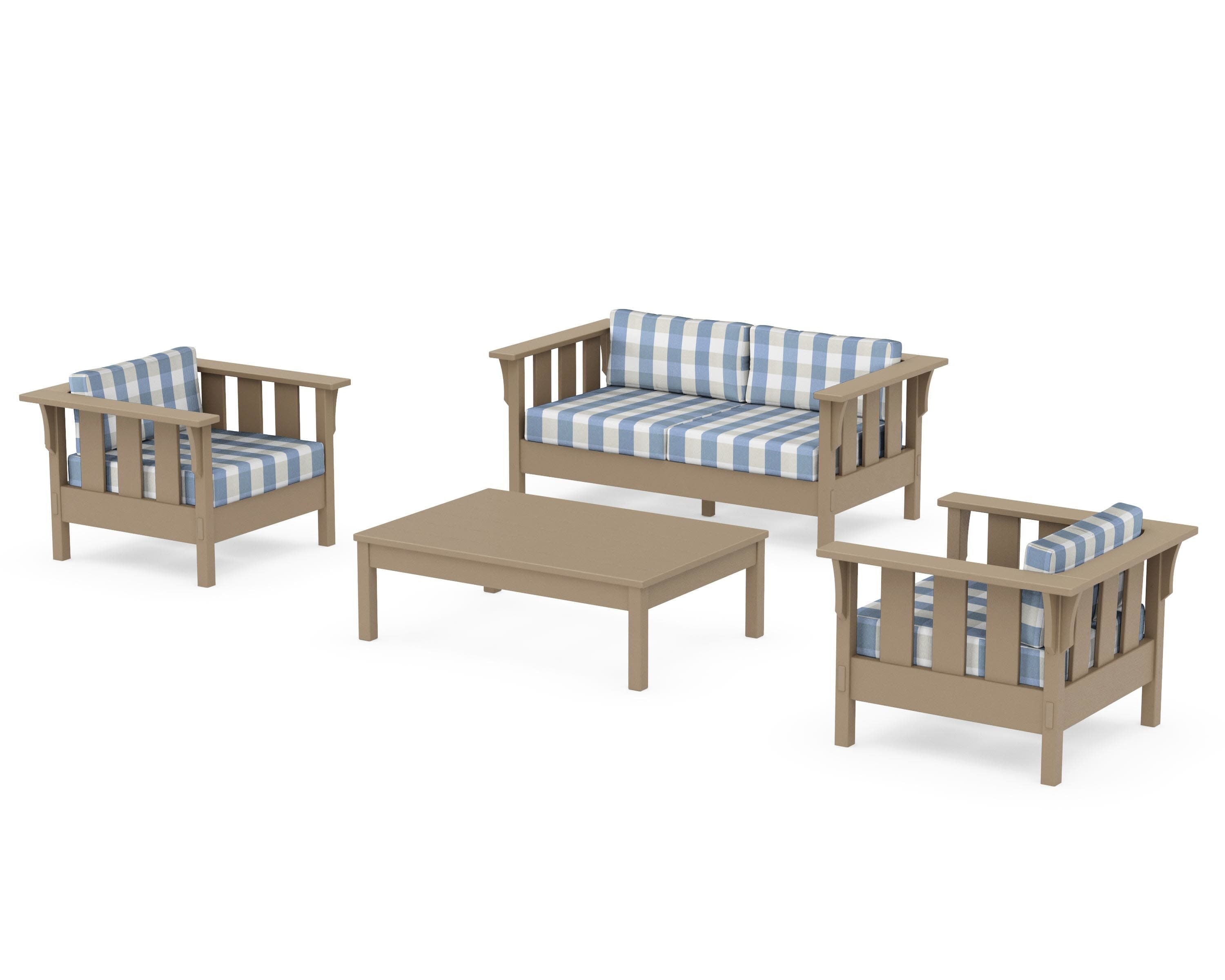Acadia 4-Piece Deep Seating Set with Loveseat in Vintage Sahara / Buffalo Plaid Sky Blue