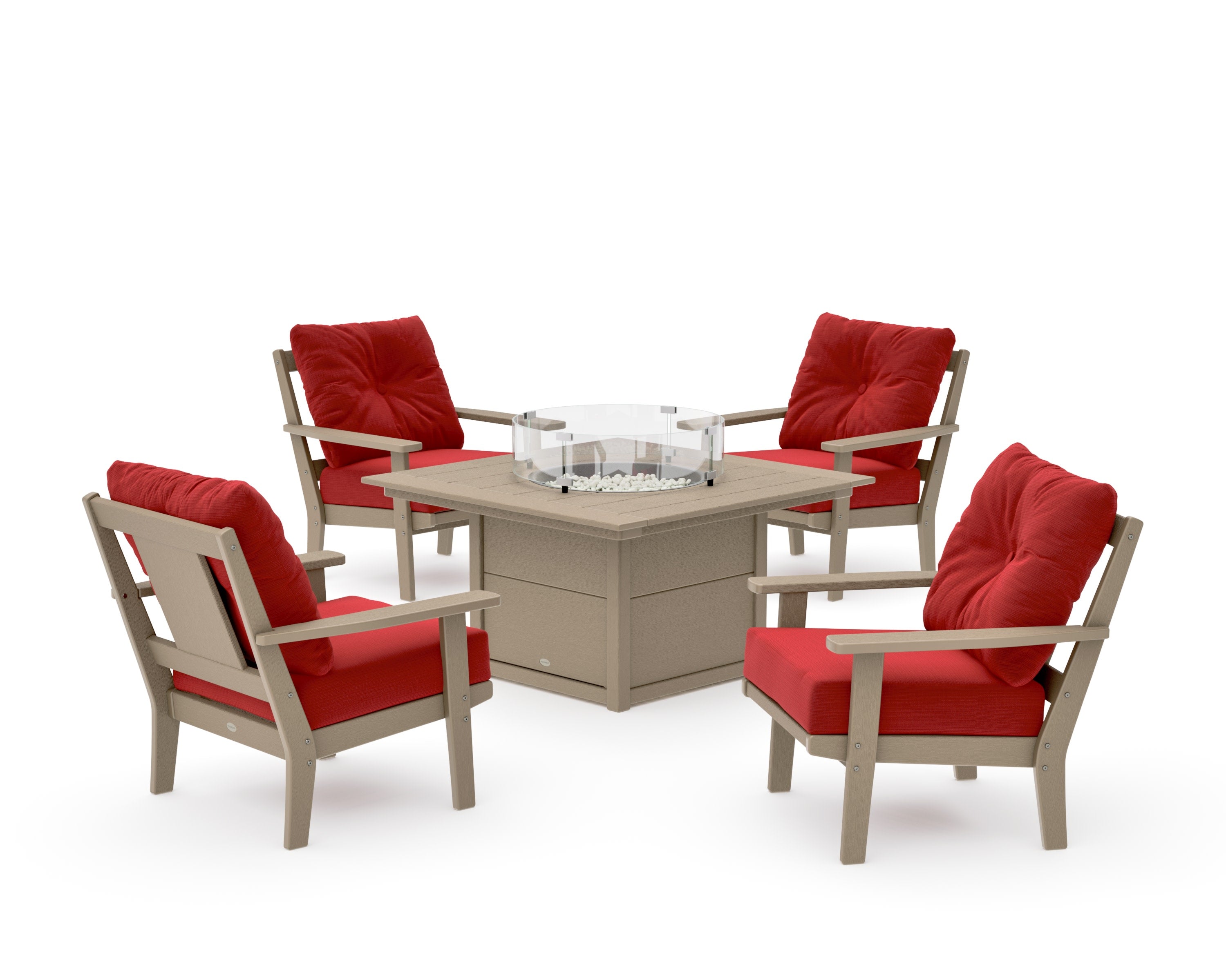 Prairie 5-Piece Deep Seating Set with Fire Pit Table in Vintage Sahara / Crimson Linen