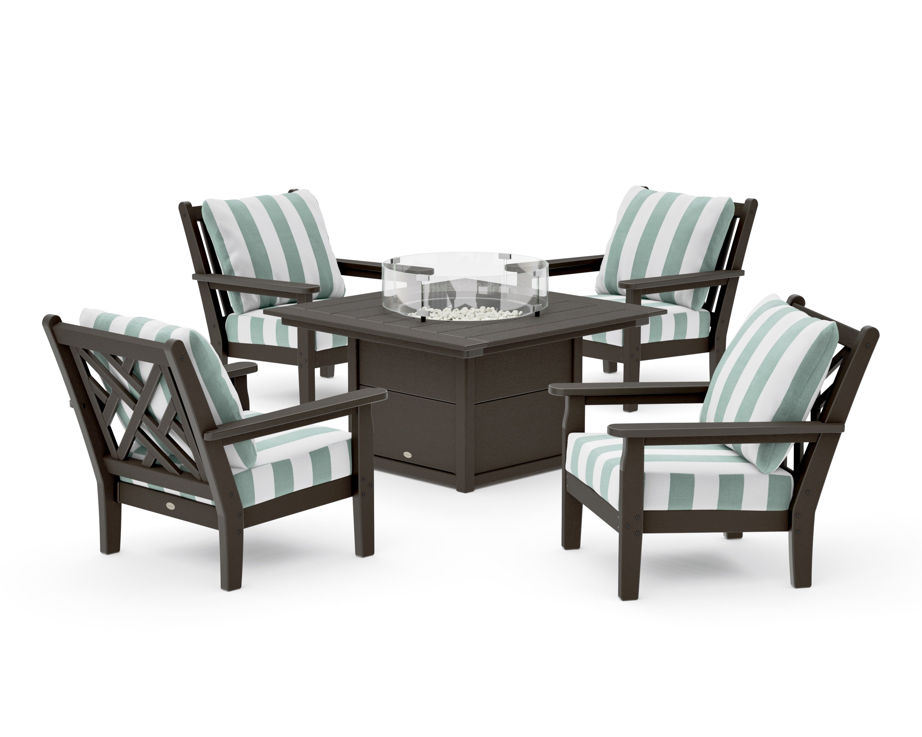 Chippendale 5-Piece Deep Seating Set with Fire Pit Table in Vintage Coffee / Cabana Stripe Glacier Spa
