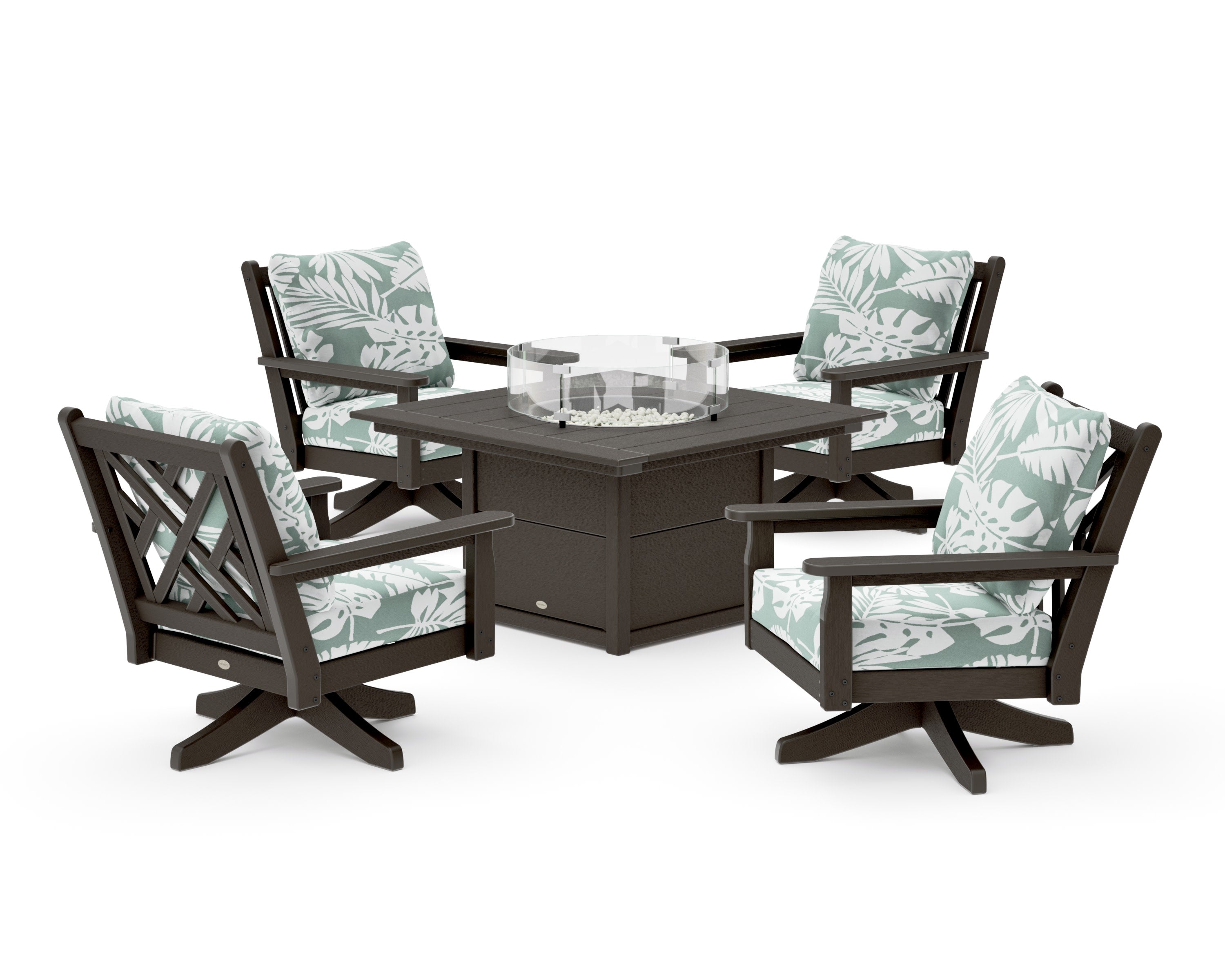 Chippendale 5-Piece Deep Seating Swivel Conversation Set with Fire Pit Table in Vintage Coffee / Leaf Glacier Spa
