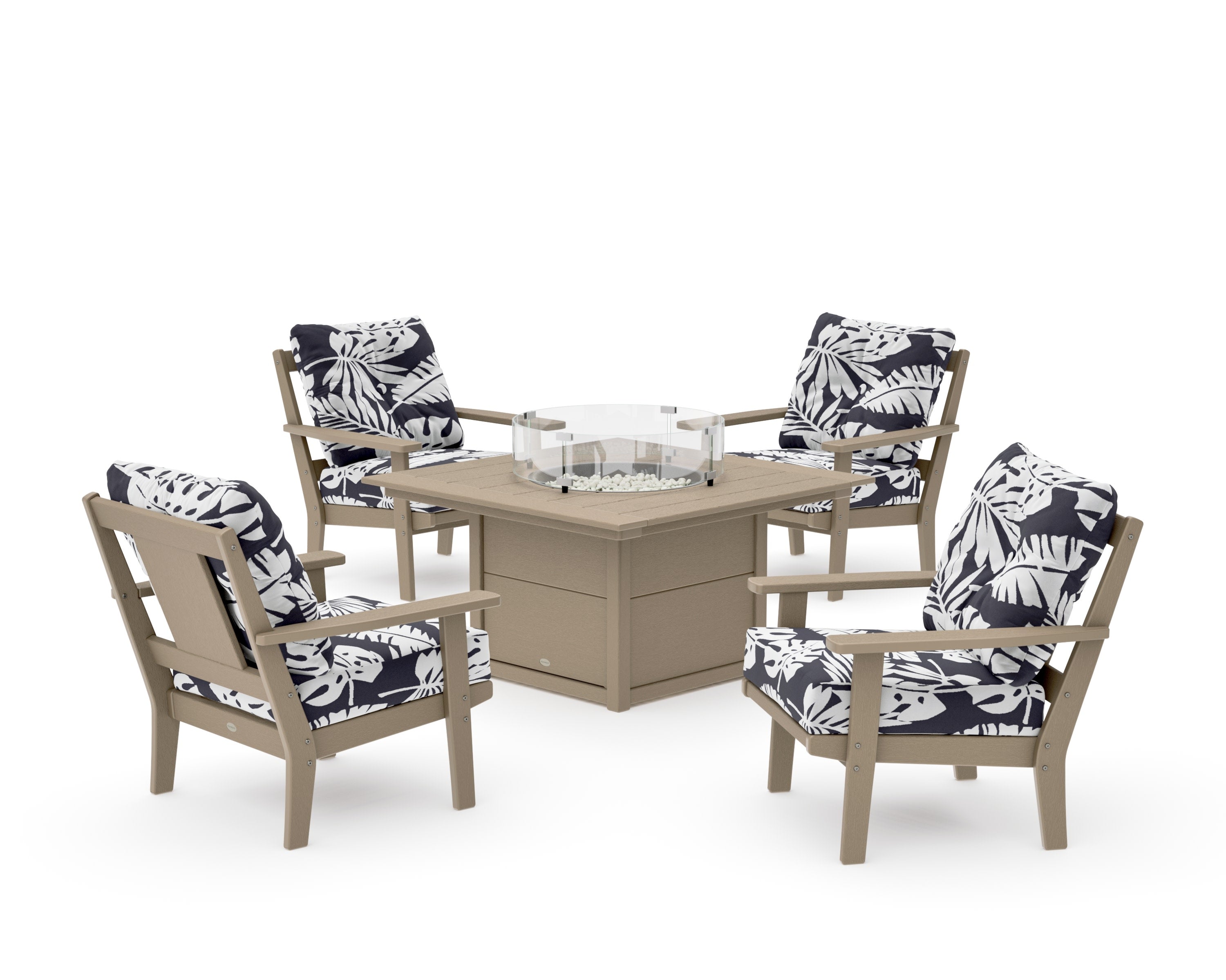 Prairie 5-Piece Deep Seating Set with Fire Pit Table in Vintage Sahara / Leaf Navy