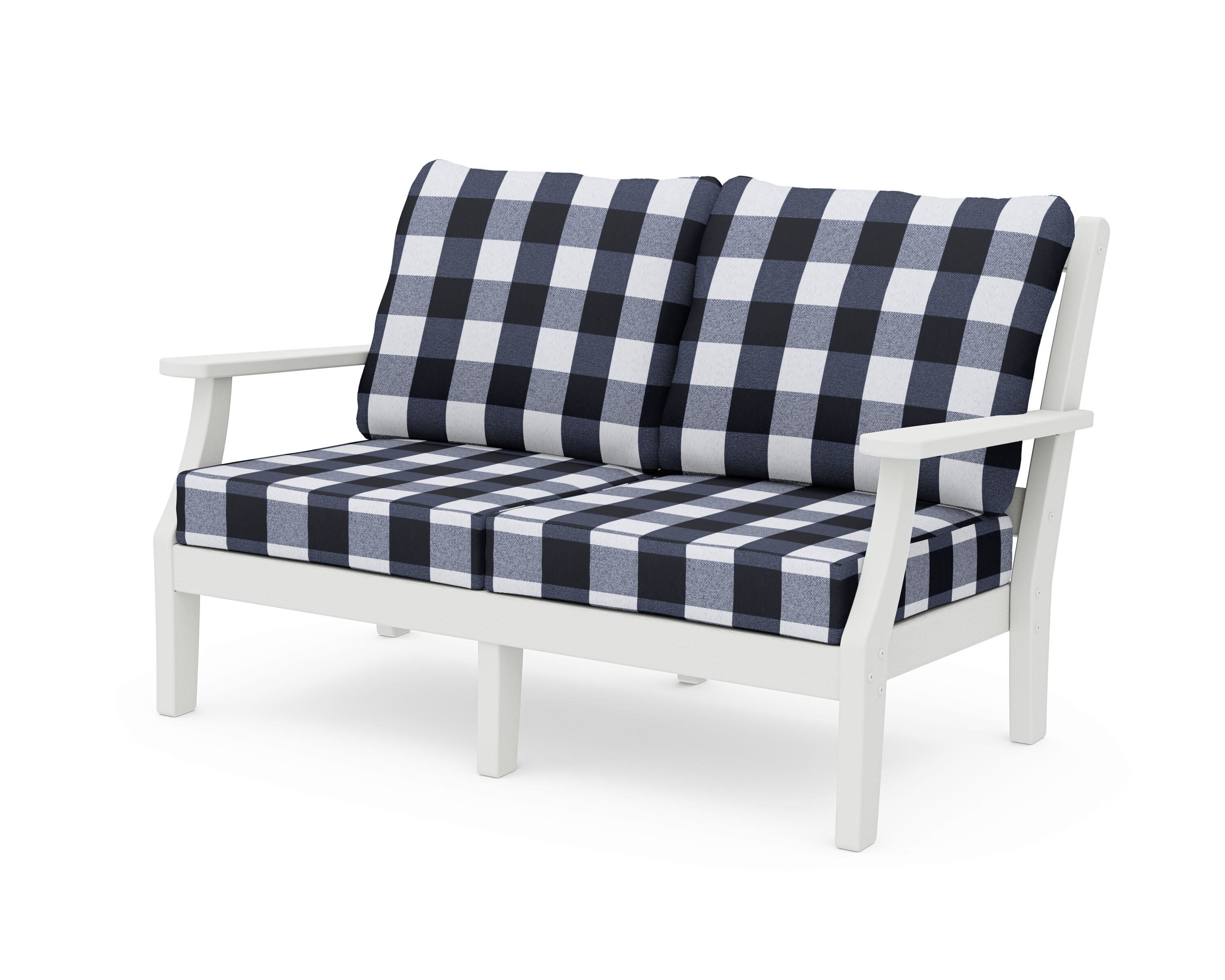 Chinoiserie Deep Seating Loveseat in Vintage White / Buffalo Plaid Marine Indigo