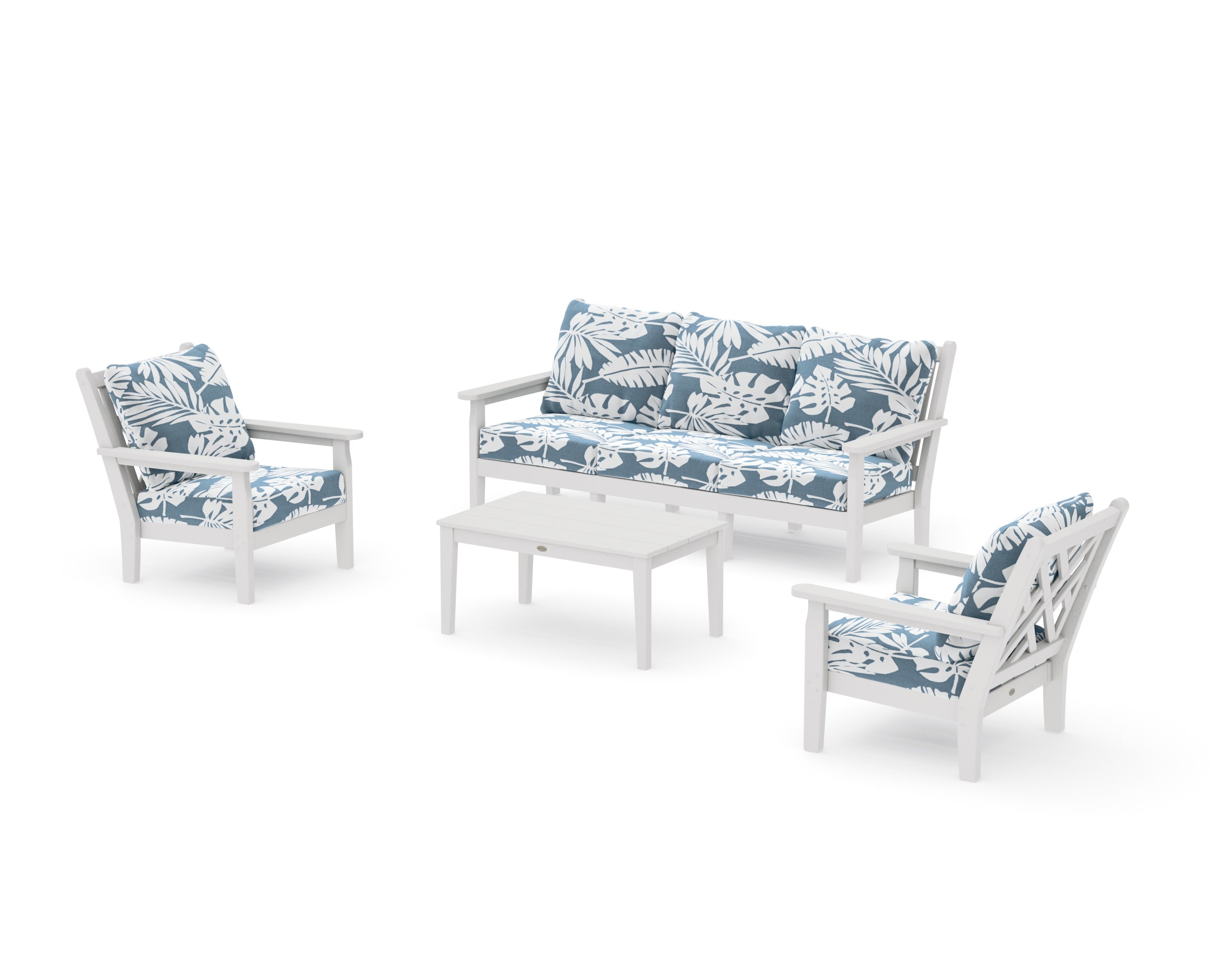 Chippendale 4-Piece Deep Seating Set with Sofa in Vintage White / Leaf Sky Blue