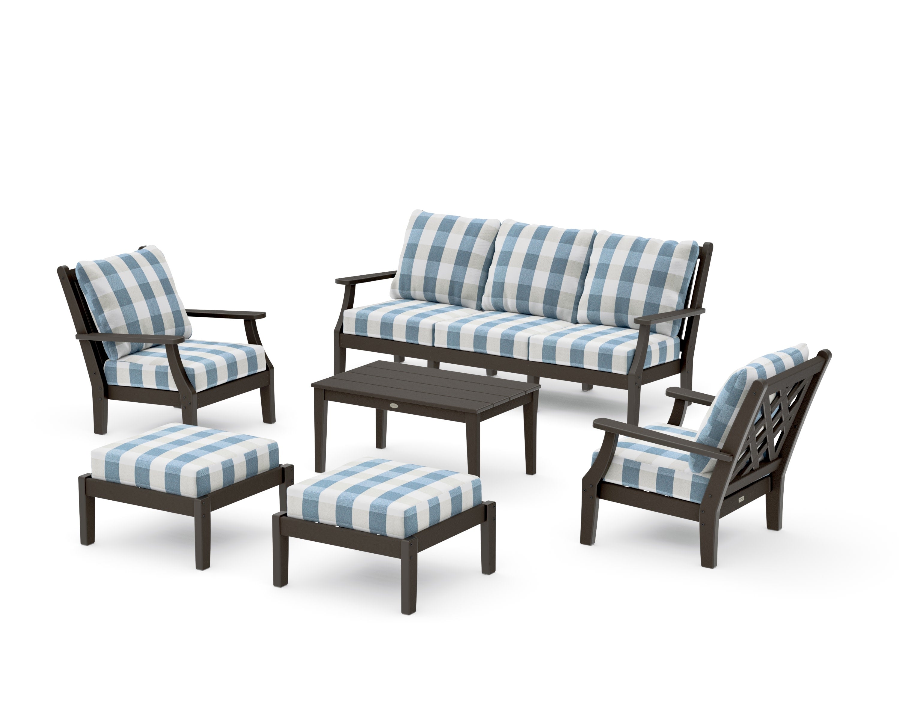 Wovendale 6-Piece Lounge Sofa Set in Vintage Coffee / Buffalo Plaid Sky Blue