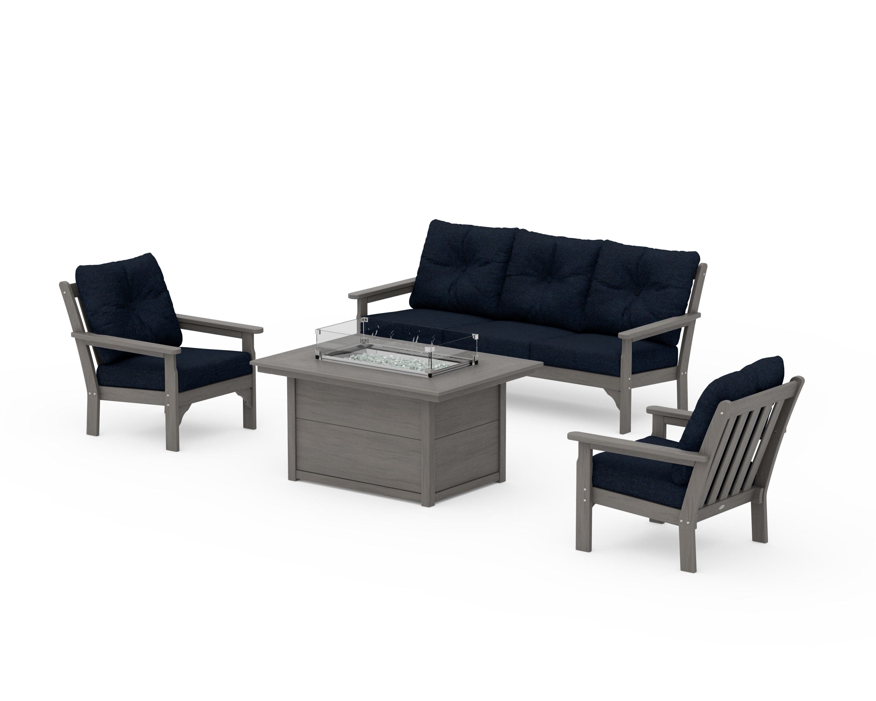 Vineyard Deep Seating Fire Pit Table Set in Driftwood / Marine Indigo