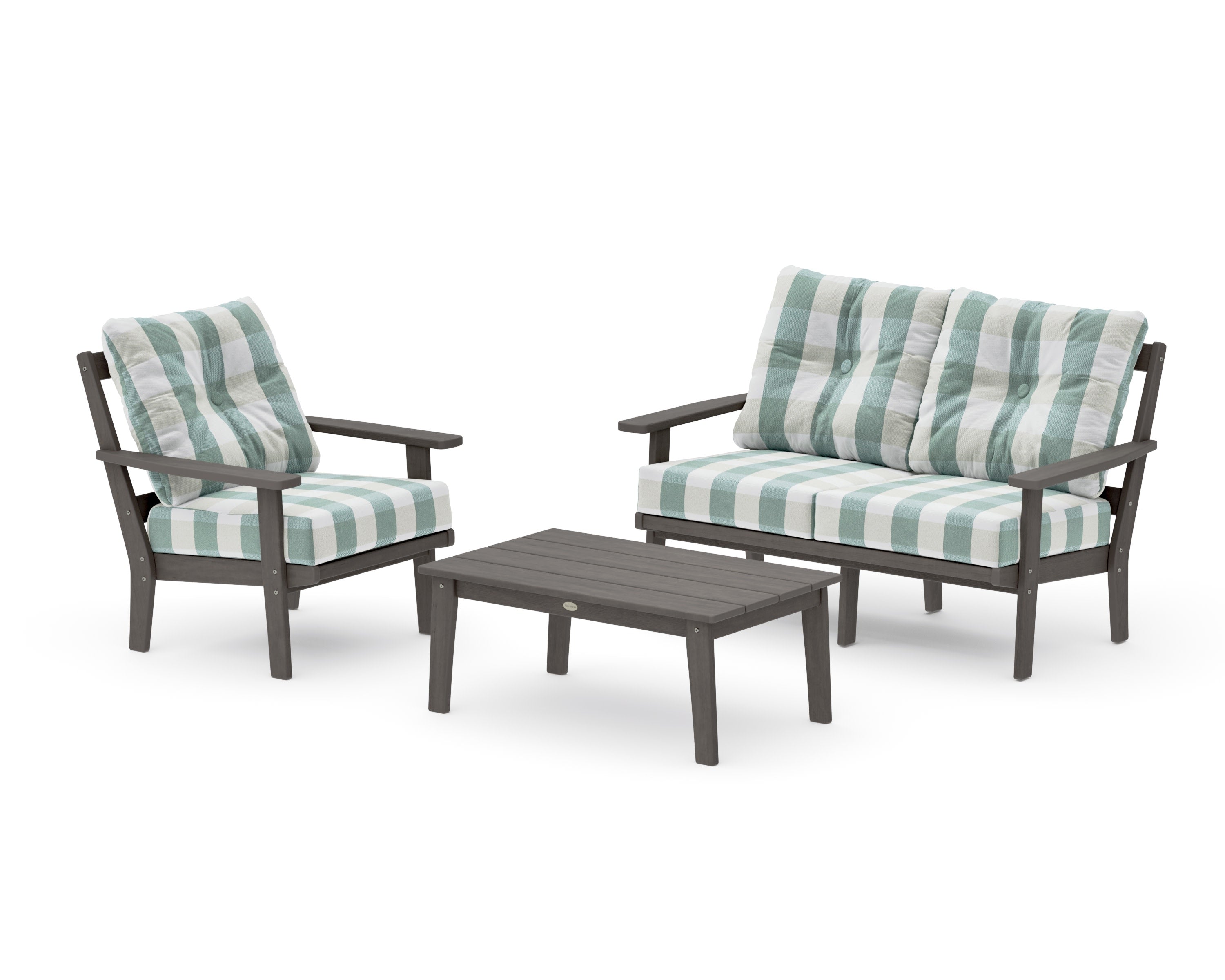 Prairie 3-Piece Deep Seating Set with Loveseat in Driftwood / Buffalo Plaid Glacier Spa