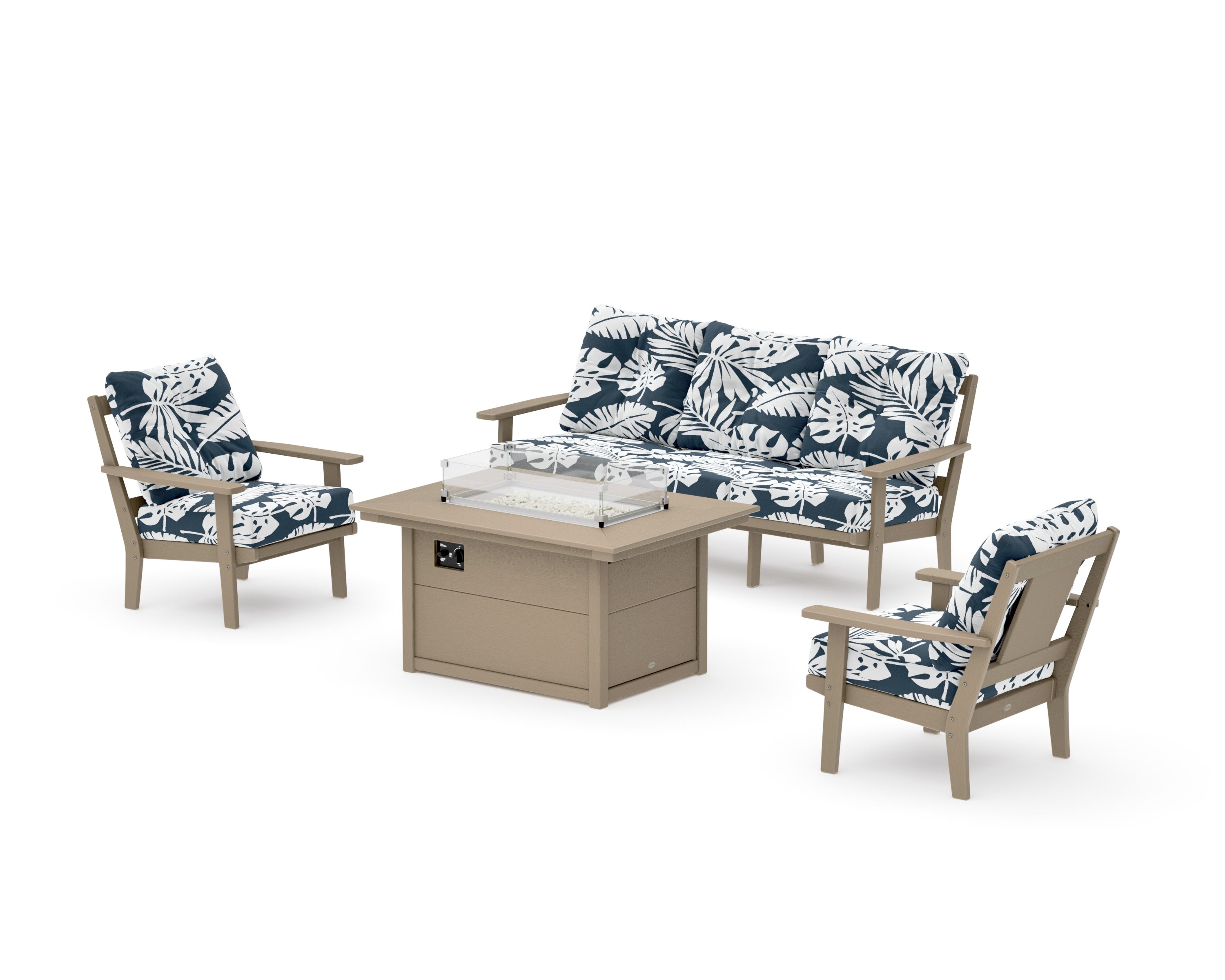 Prairie Deep Seating Fire Pit Table Set in Vintage Sahara / Leaf Marine Indigo