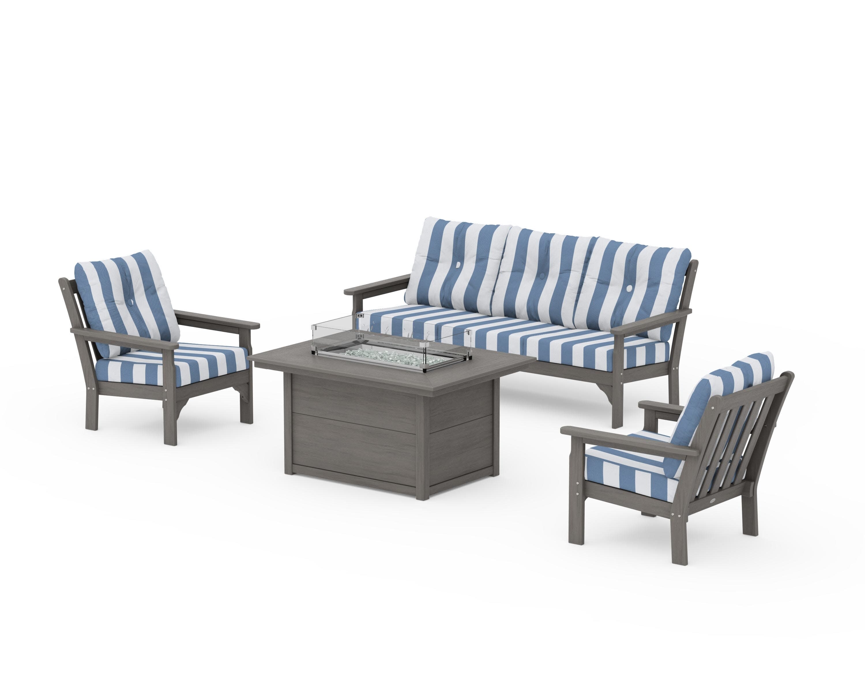 Vineyard Deep Seating Fire Pit Table Set in Driftwood / Cabana Stripe Sky Blue