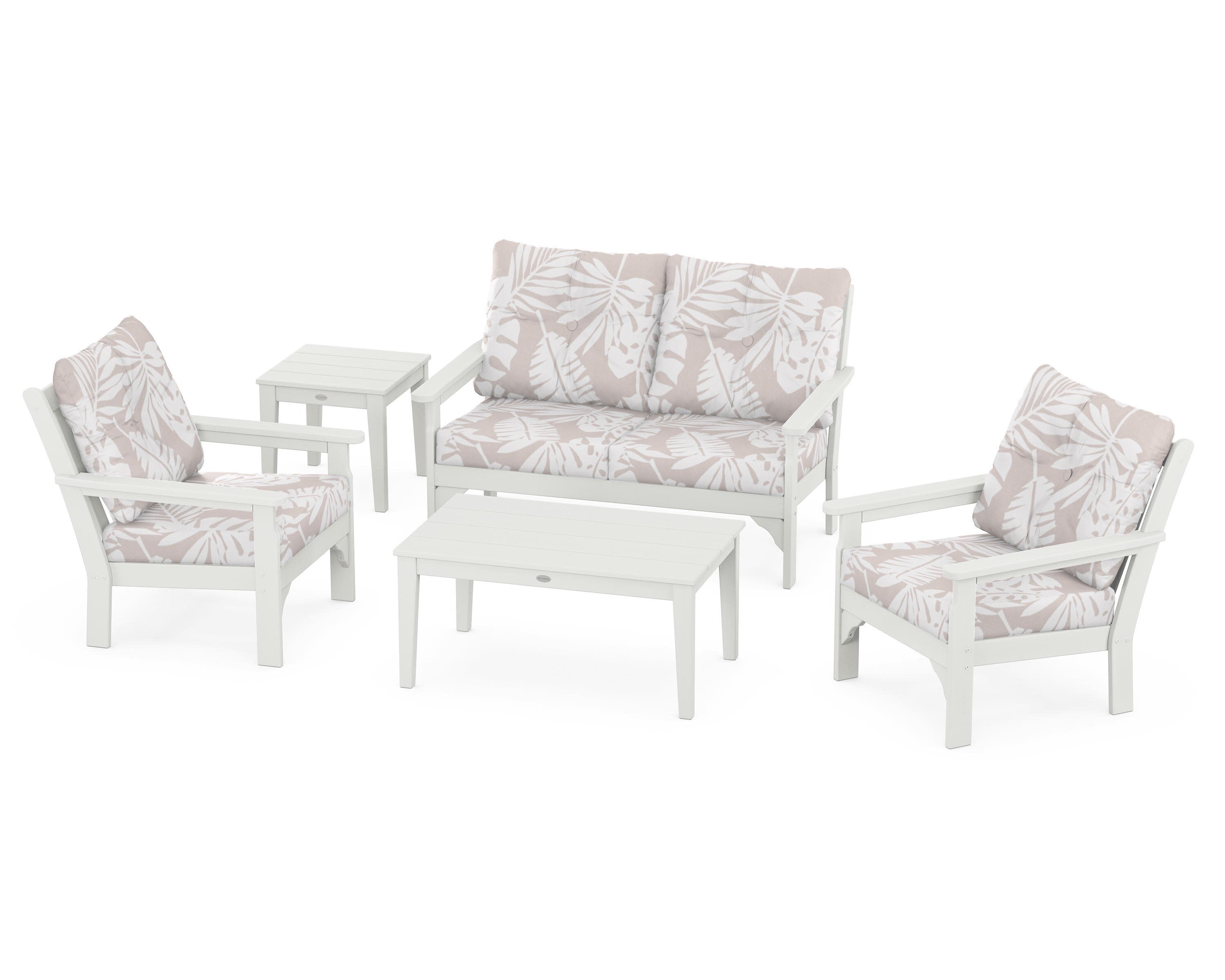 Vineyard 5-Piece Deep Seating Set in Vintage White / Leaf Dune Burlap