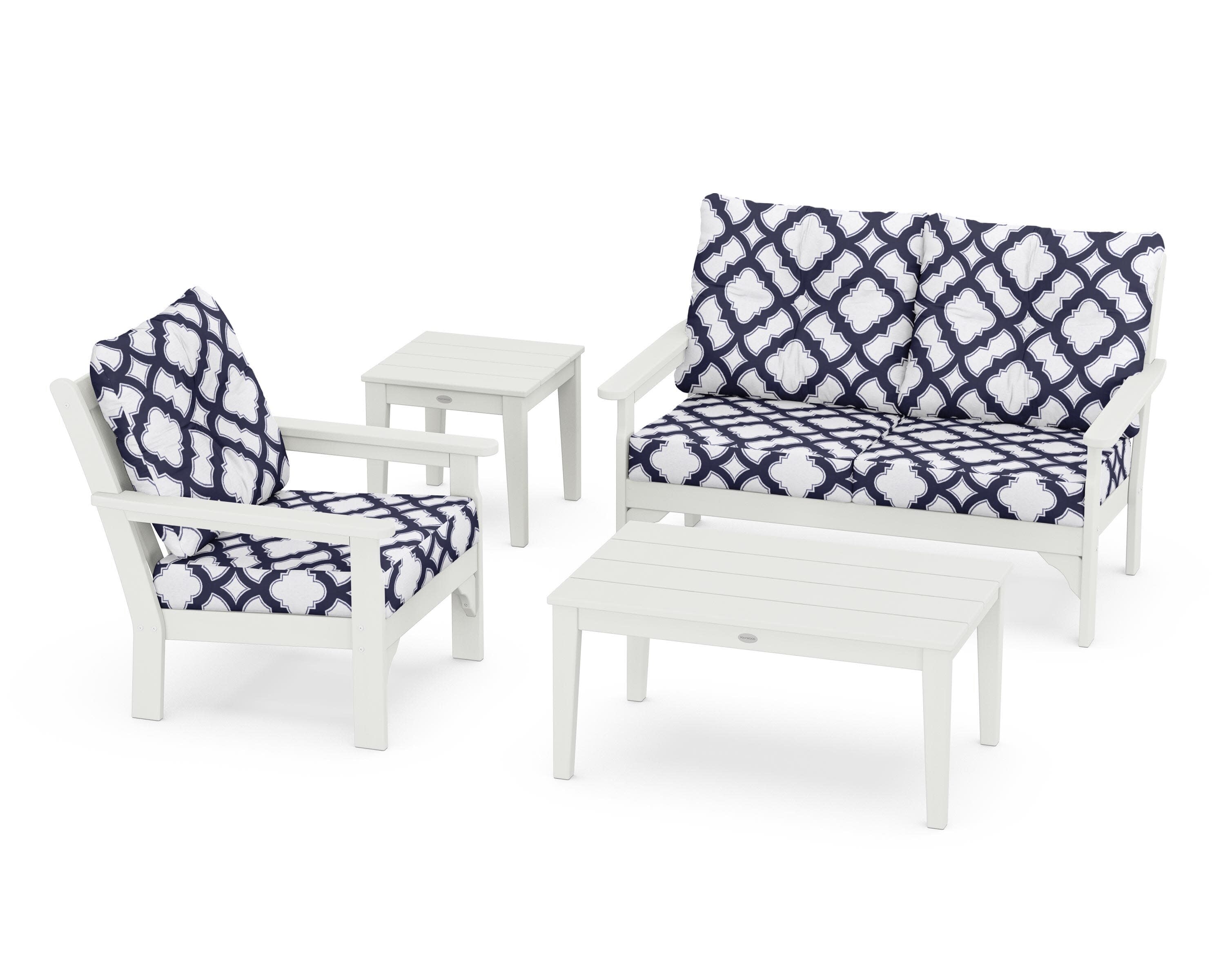Vineyard 4-Piece Deep Seating Set in Vintage White / Trellis Navy