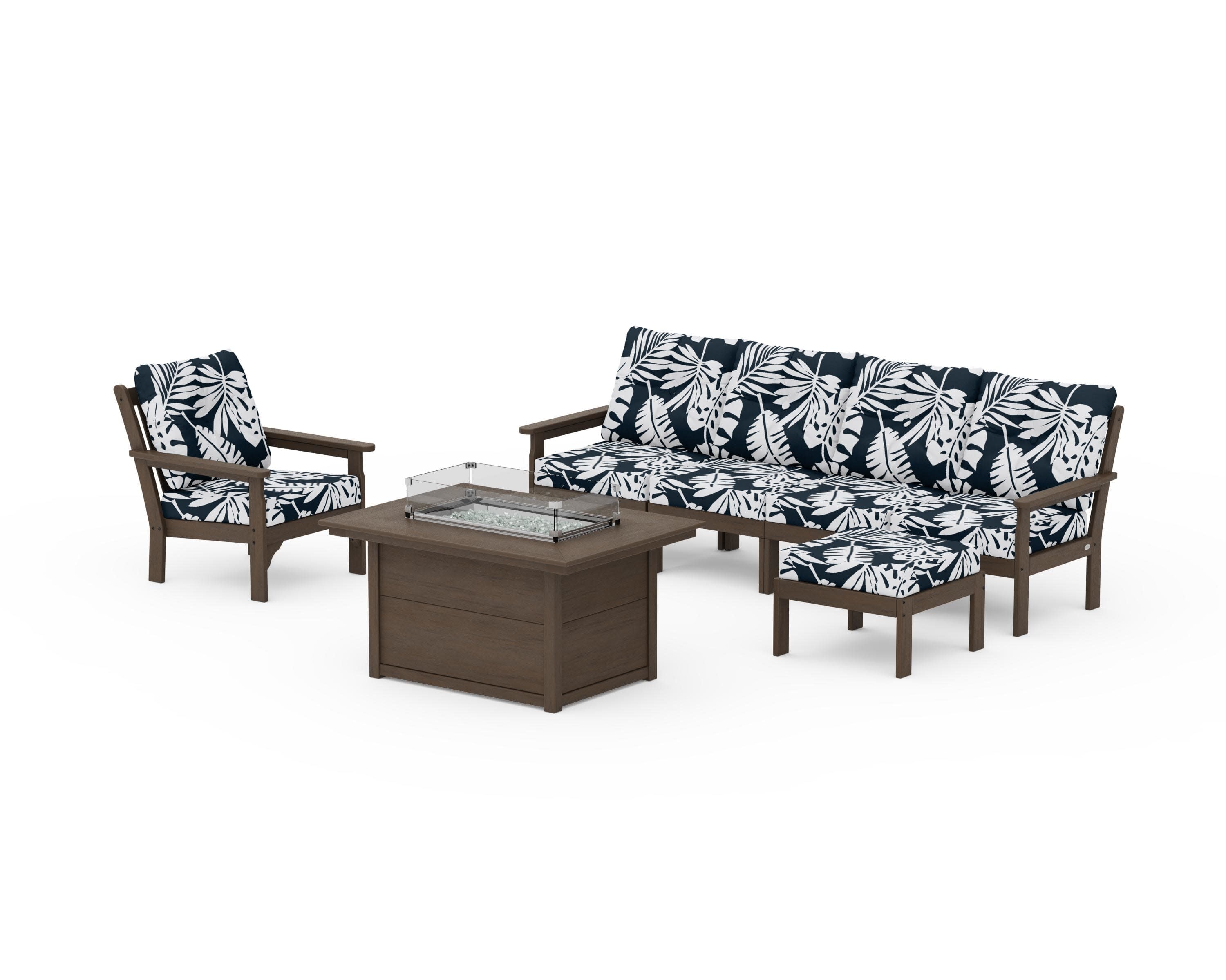 Vineyard Sectional Lounge and Fire Pit Set in Kona / Leaf Marine Indigo