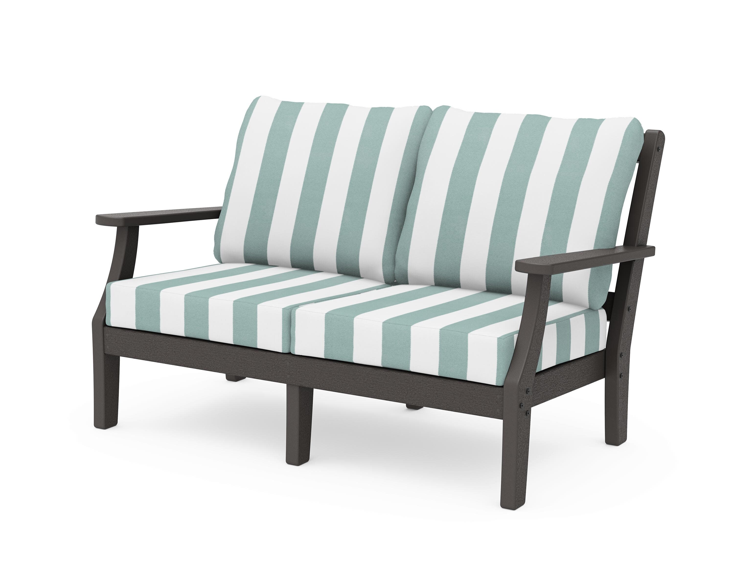 Chinoiserie Deep Seating Loveseat in Vintage Coffee / Cabana Stripe Glacier Spa