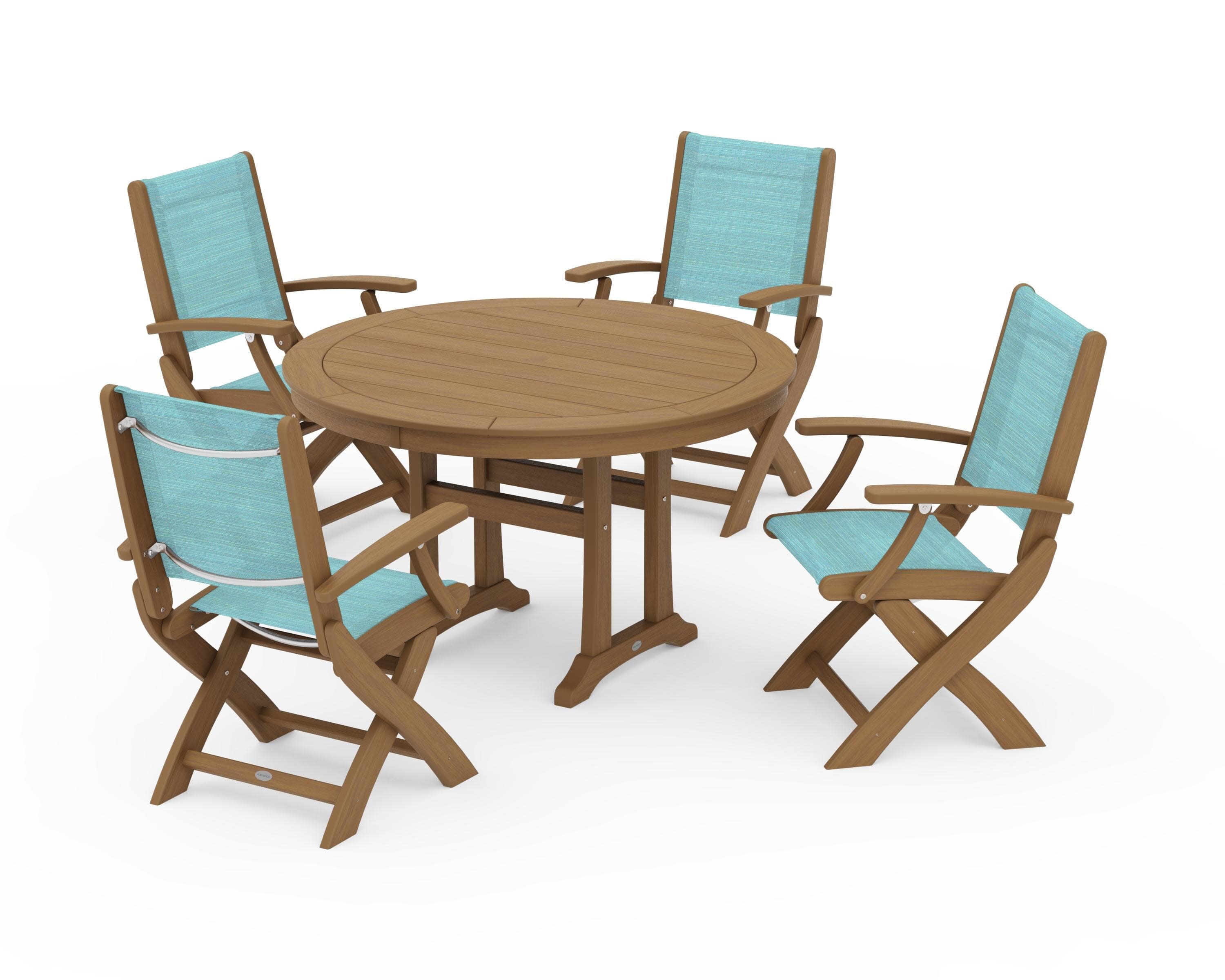 Coastal Folding Chair 5-Piece Round Dining Set with Trestle Legs in Natural / Dupioni Aquamarine Sling