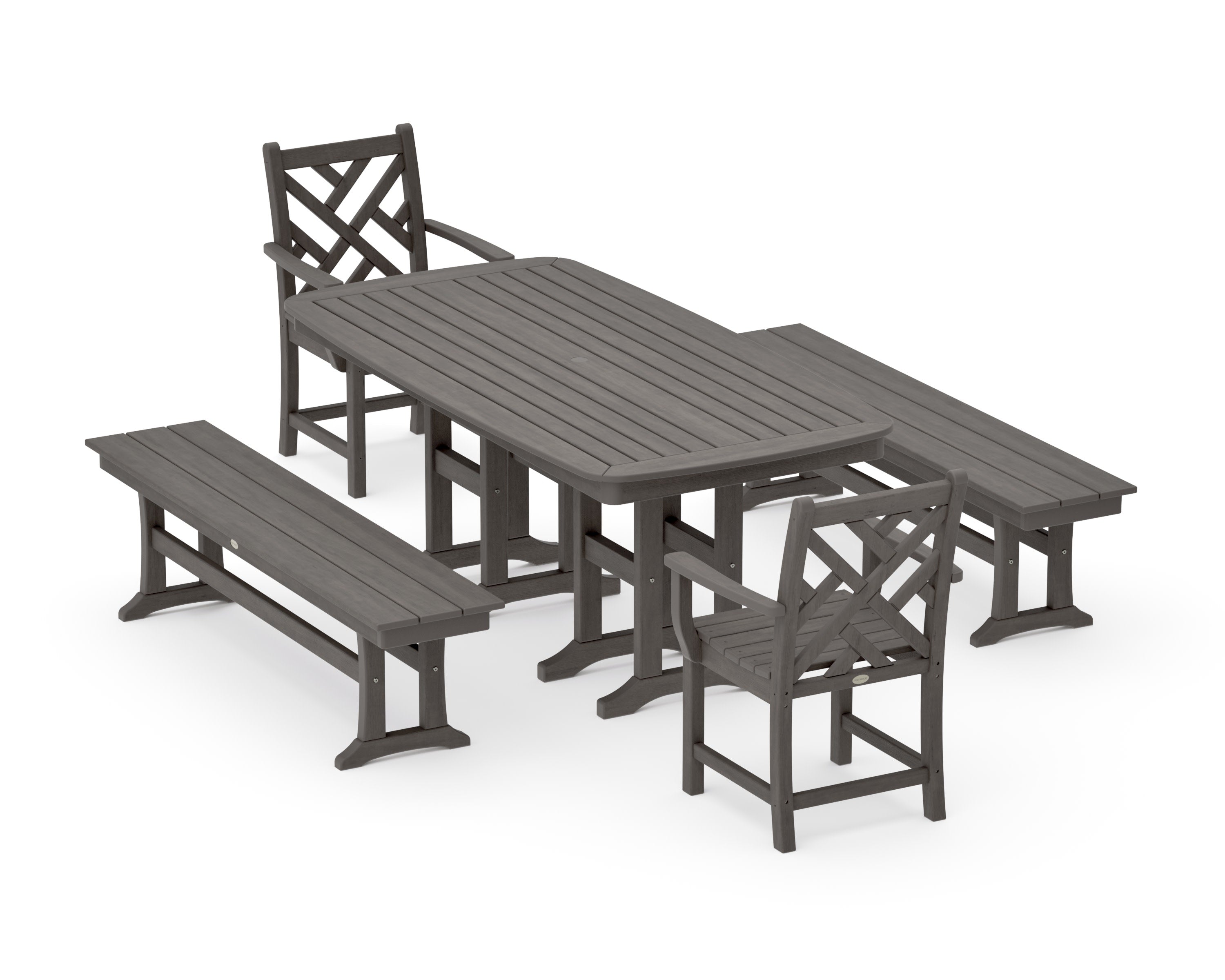 Chippendale 5-Piece Dining Set with Benches in Driftwood