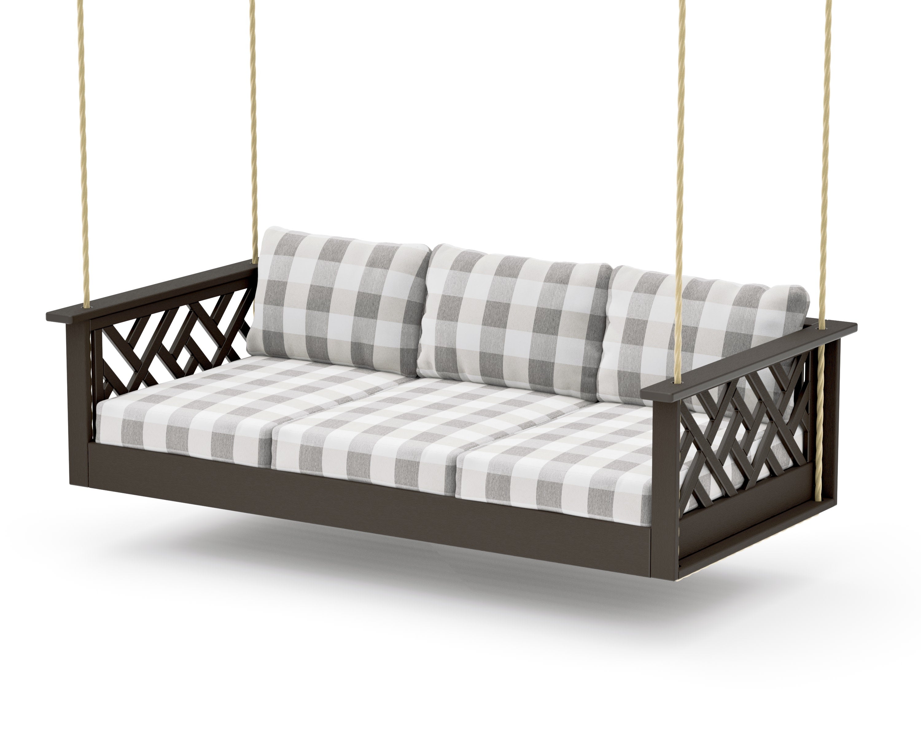Chippendale Daybed Swing in Vintage Coffee / Buffalo Plaid Grey Mist