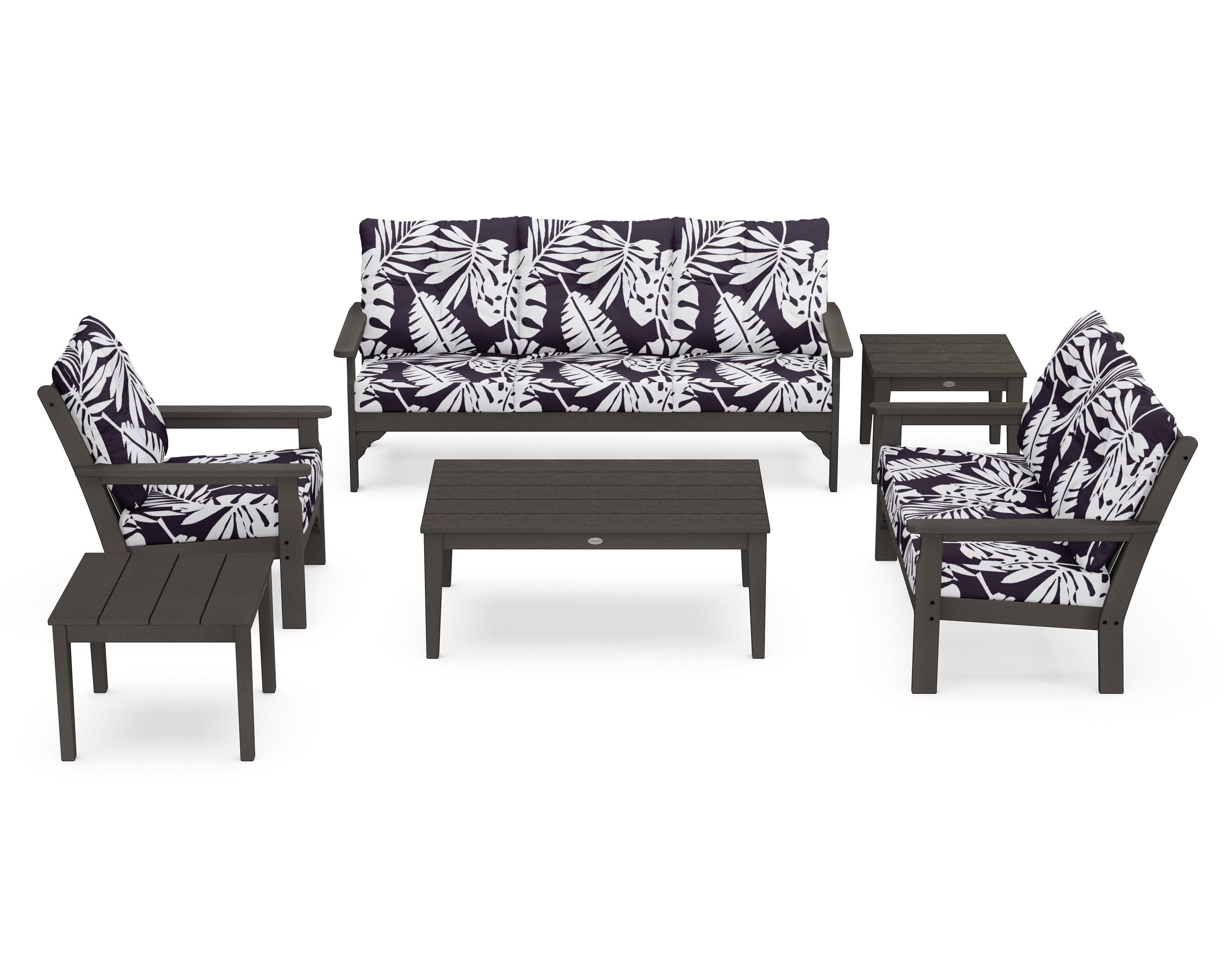 Vineyard 6-Piece Deep Seating Set in Vintage Coffee / Leaf Navy