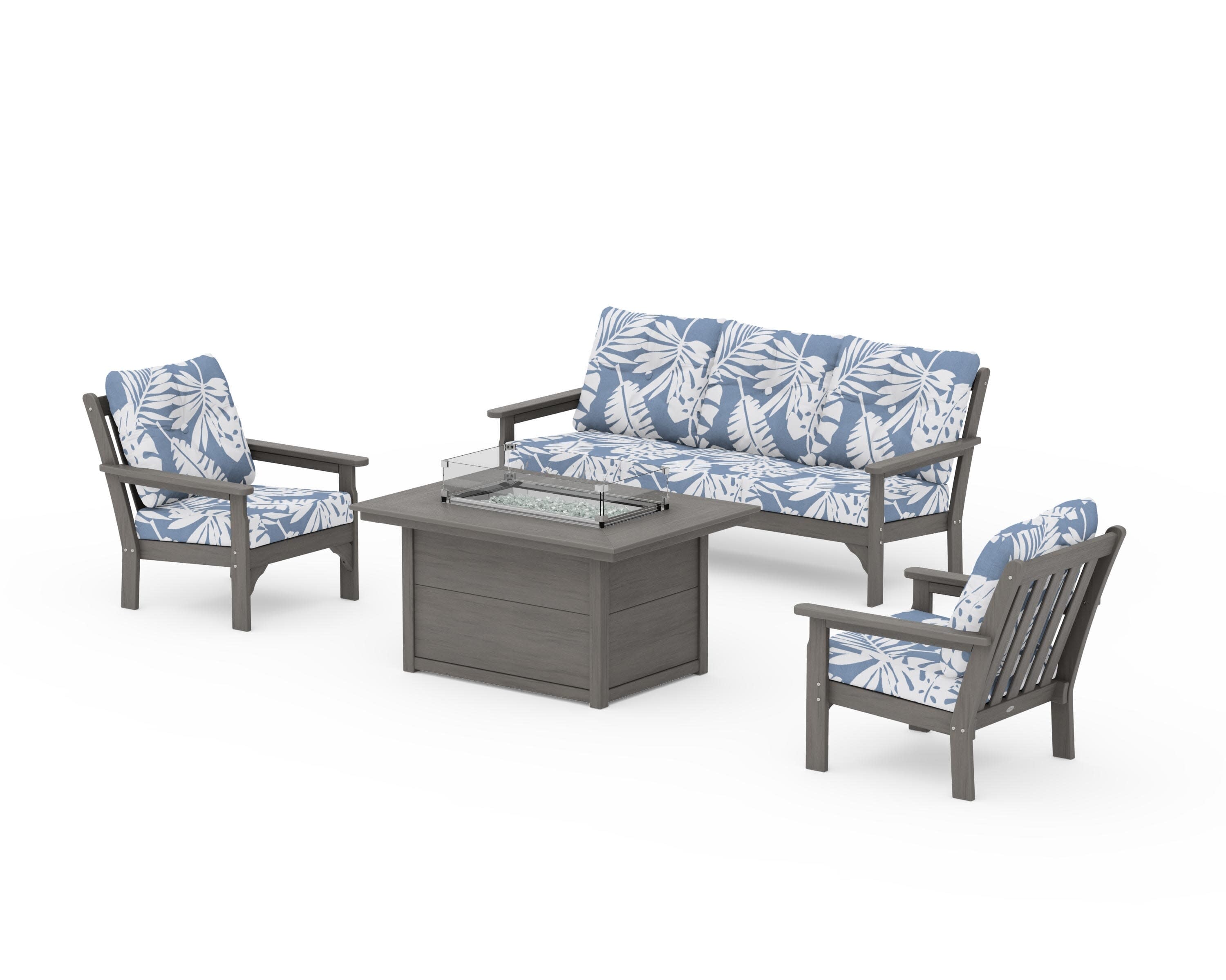 Vineyard Deep Seating Fire Pit Table Set in Driftwood / Leaf Sky Blue
