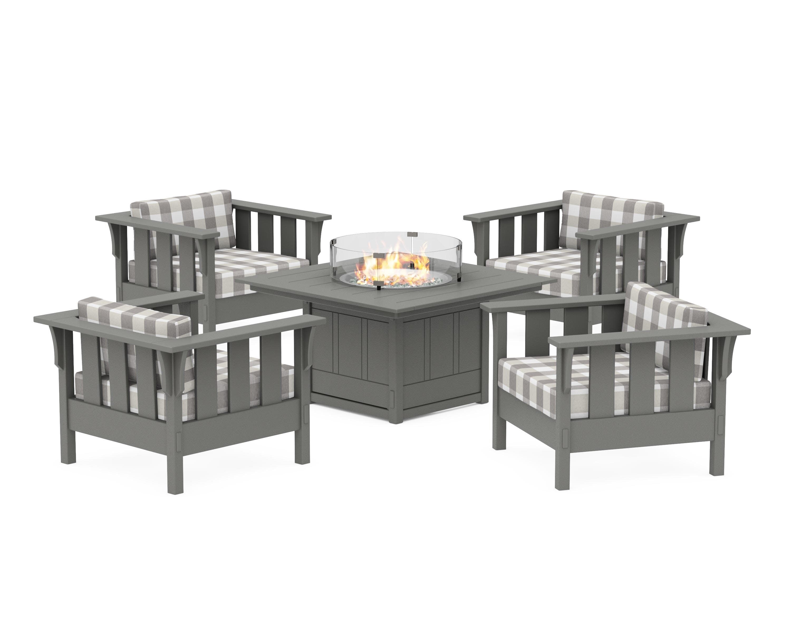 Acadia 5-Piece Deep Seating Set with Fire Pit Table in Slate Grey / Buffalo Plaid Grey Mist