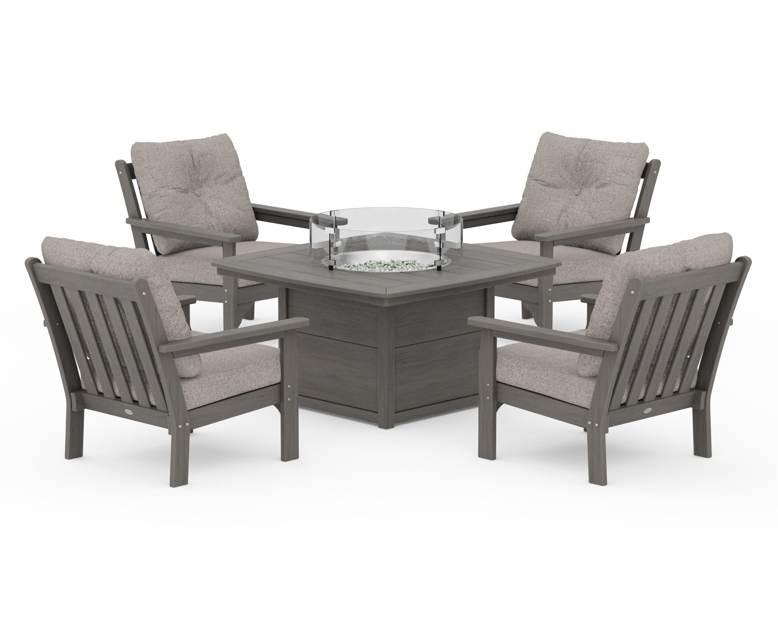 Vineyard 5-Piece Conversation Set with Fire Pit Table in Driftwood / Weathered Tweed