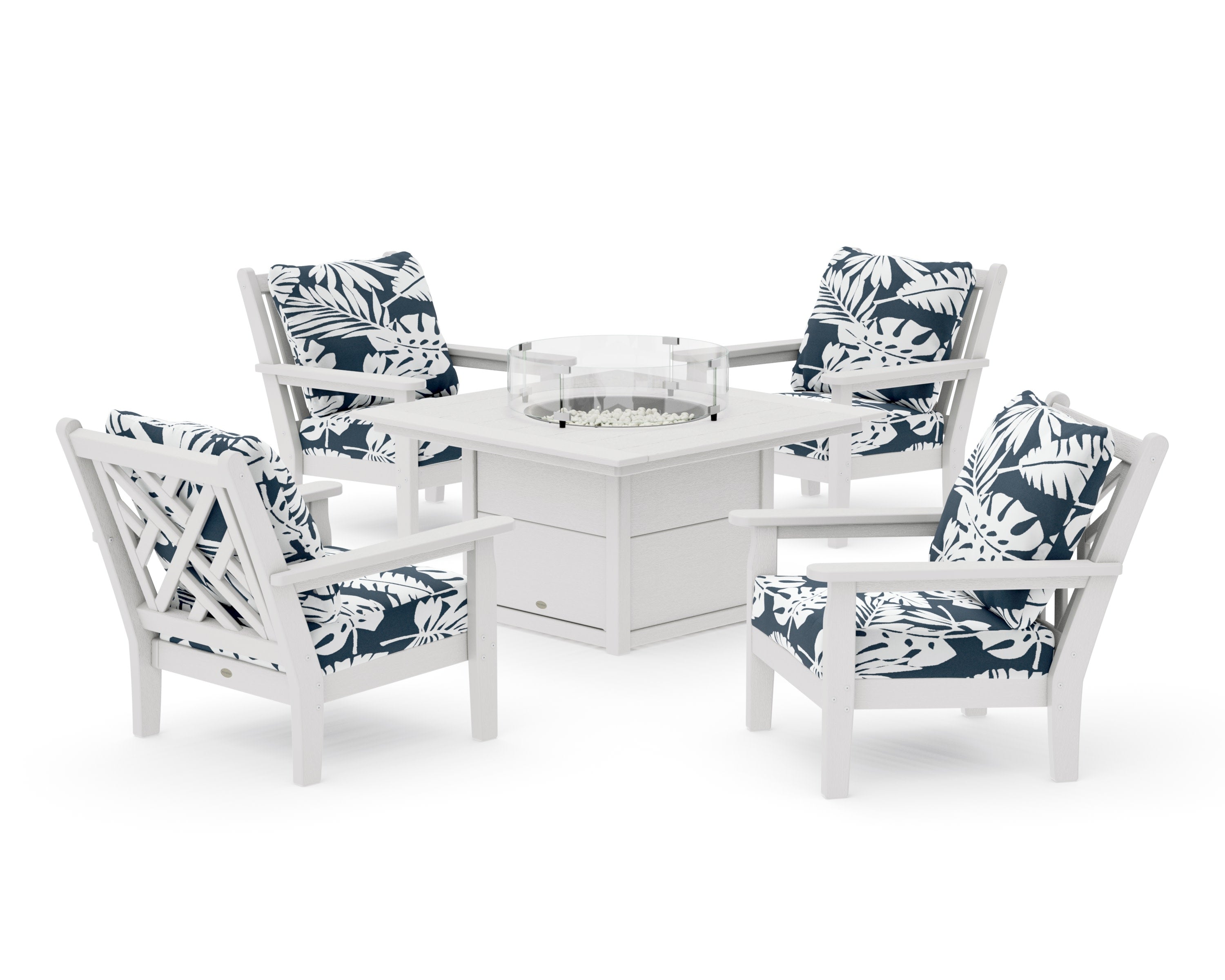 Chippendale 5-Piece Deep Seating Set with Fire Pit Table in Vintage White / Leaf Marine Indigo