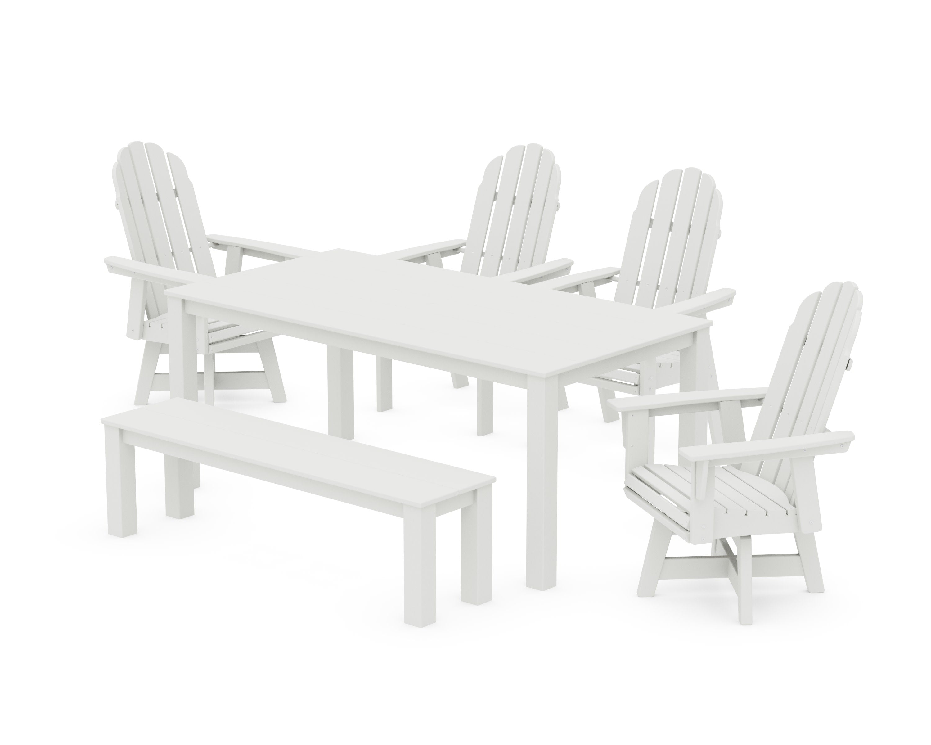 Vineyard Curveback Adirondack 6-Piece Parsons Swivel Dining Set with Bench in Vintage White