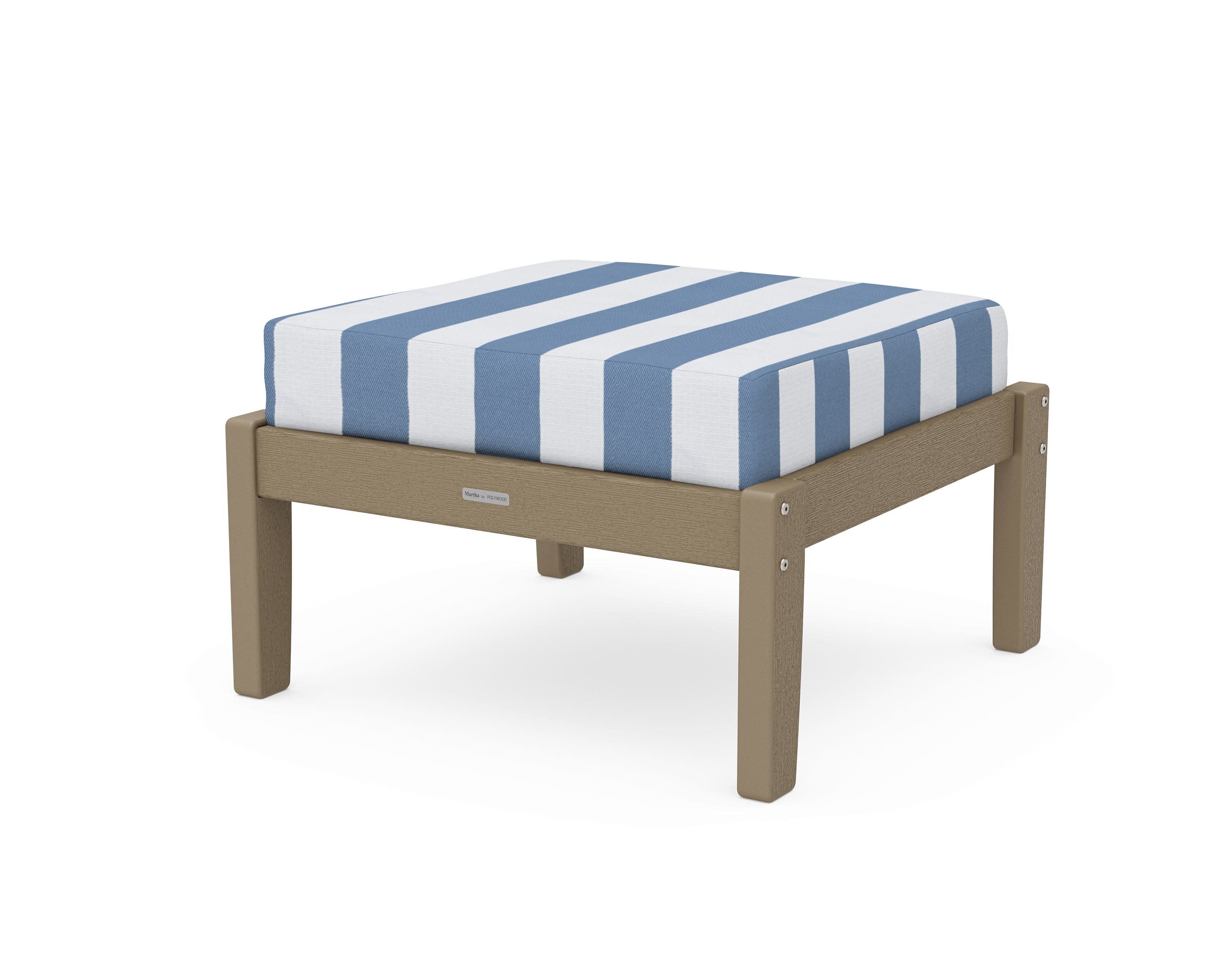 Chinoiserie Deep Seating Ottoman in Vintage Sahara / Cabana Stripe Sky Blue
