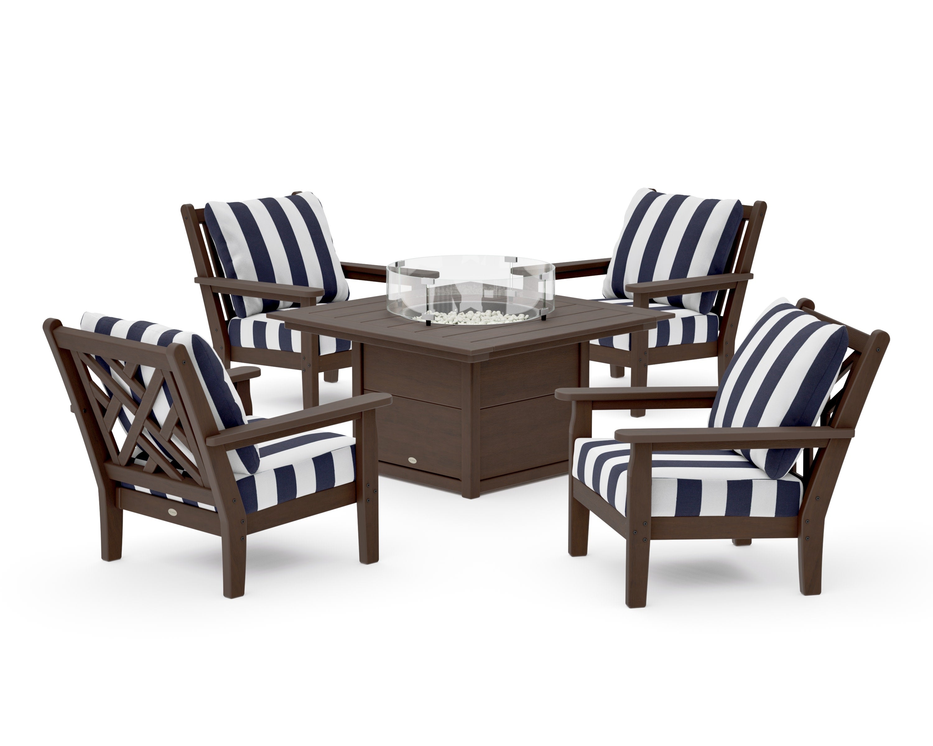 Chippendale 5-Piece Deep Seating Set with Fire Pit Table in Kona / Cabana Stripe Navy
