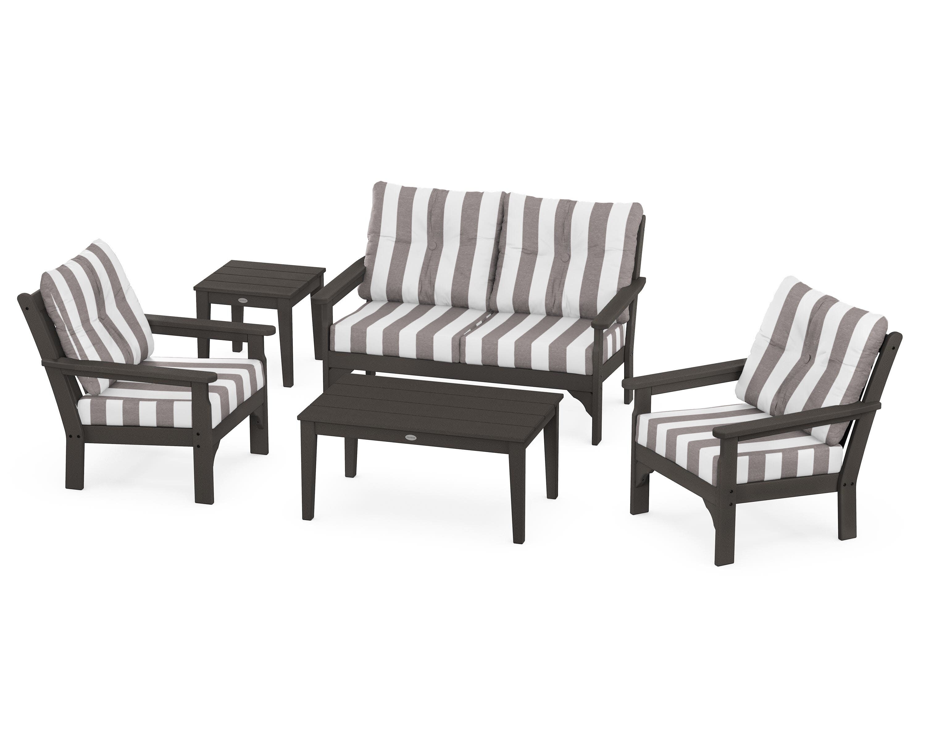 Vineyard 5-Piece Deep Seating Set in Vintage Coffee / Cabana Stripe Grey Mist