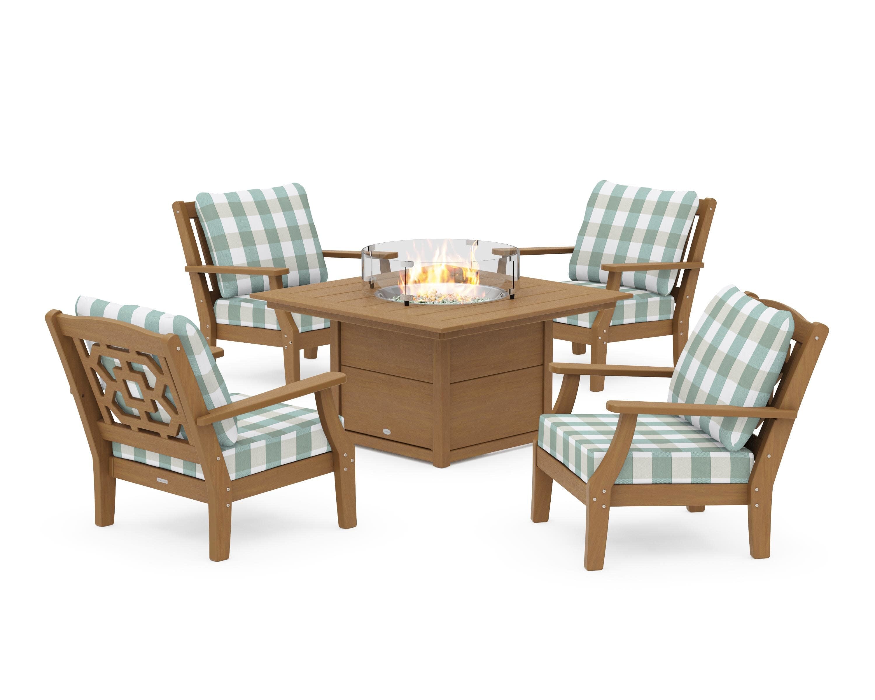 Chinoiserie 5-Piece Deep Seating Set with Fire Pit Table in Natural / Buffalo Plaid Glacier Spa