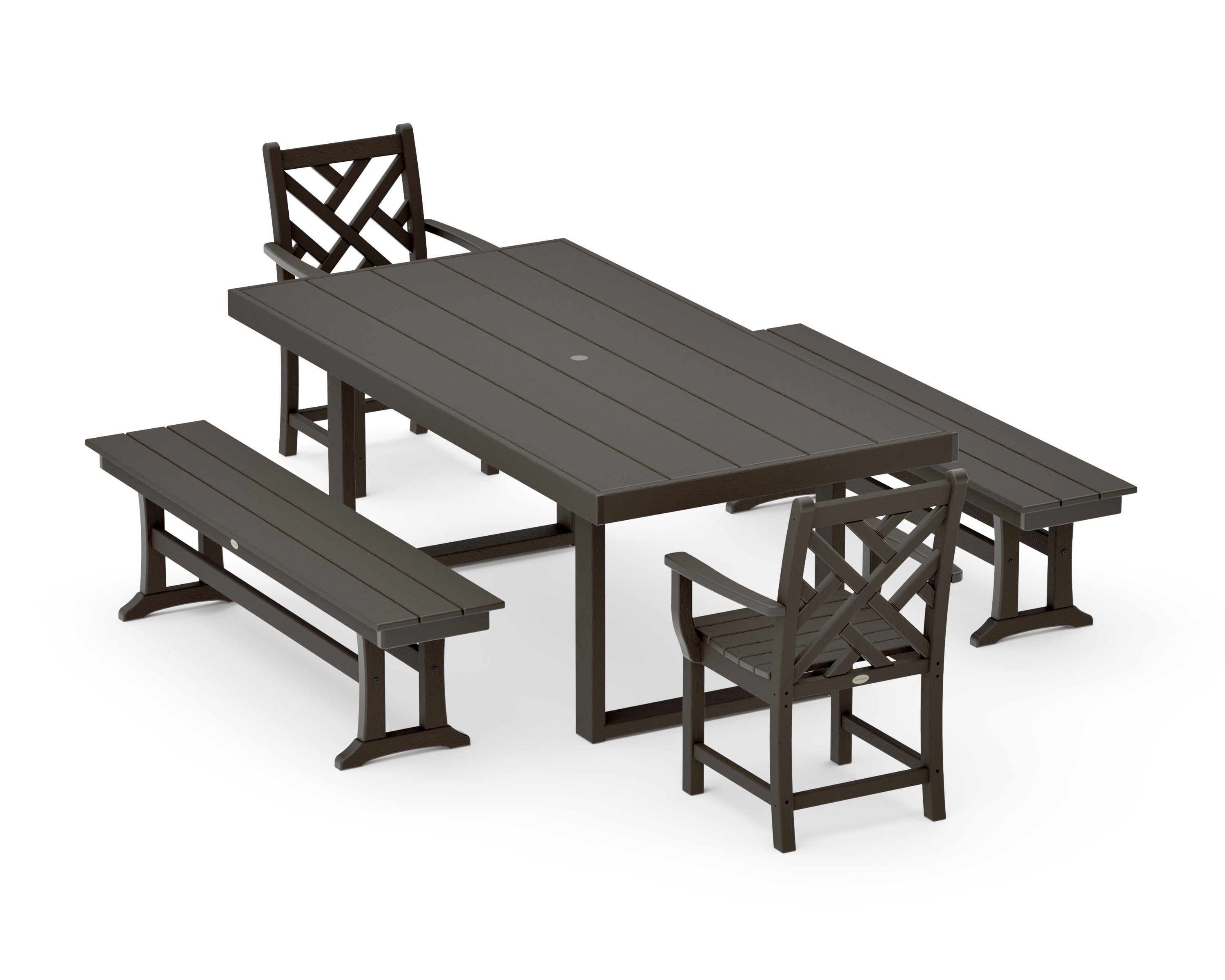 Chippendale 5-Piece Dining Set with Benches in Vintage Coffee