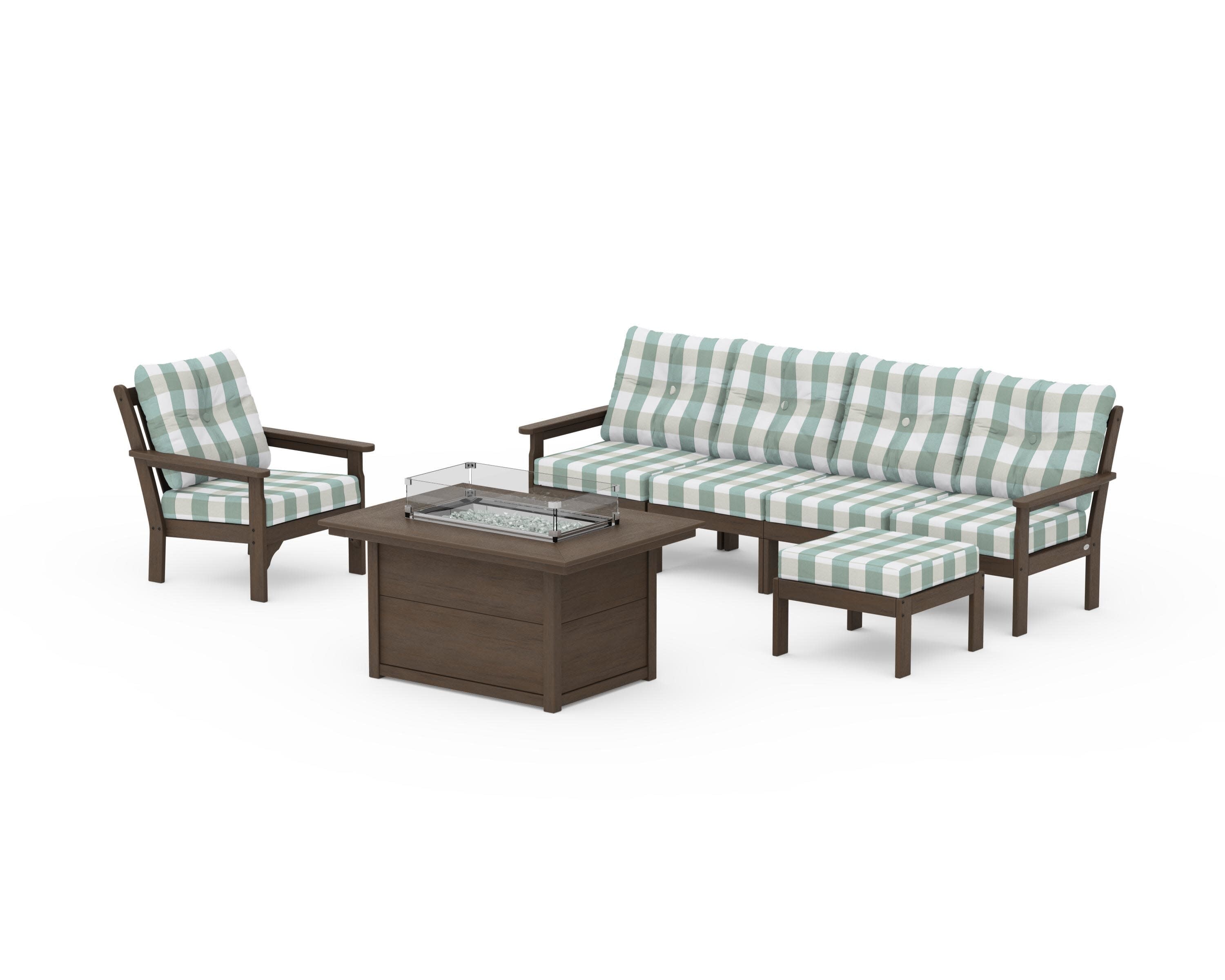 Vineyard Sectional Lounge and Fire Pit Set in Kona / Buffalo Plaid Glacier Spa