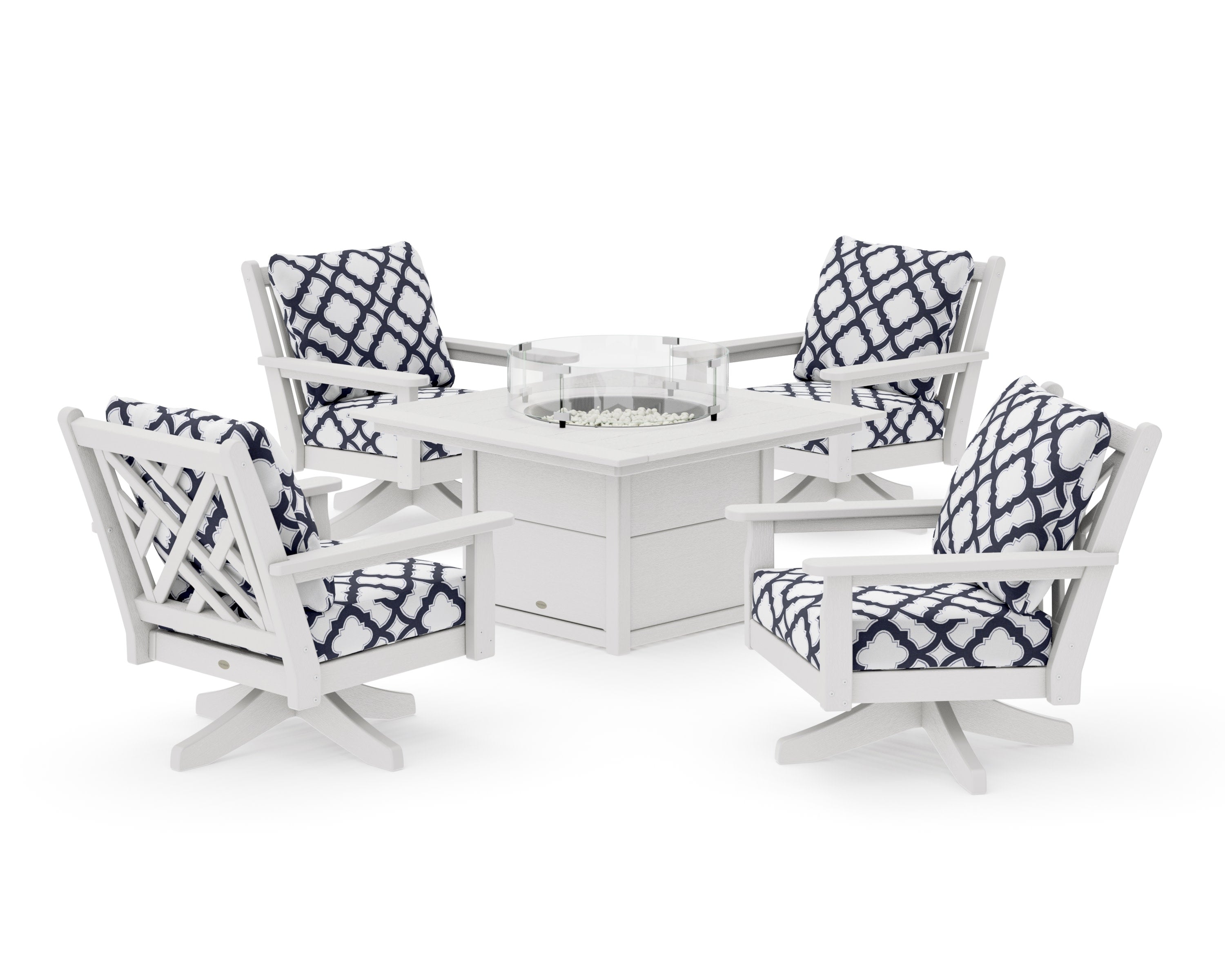 Chippendale 5-Piece Deep Seating Swivel Conversation Set with Fire Pit Table in Vintage White / Trellis Navy