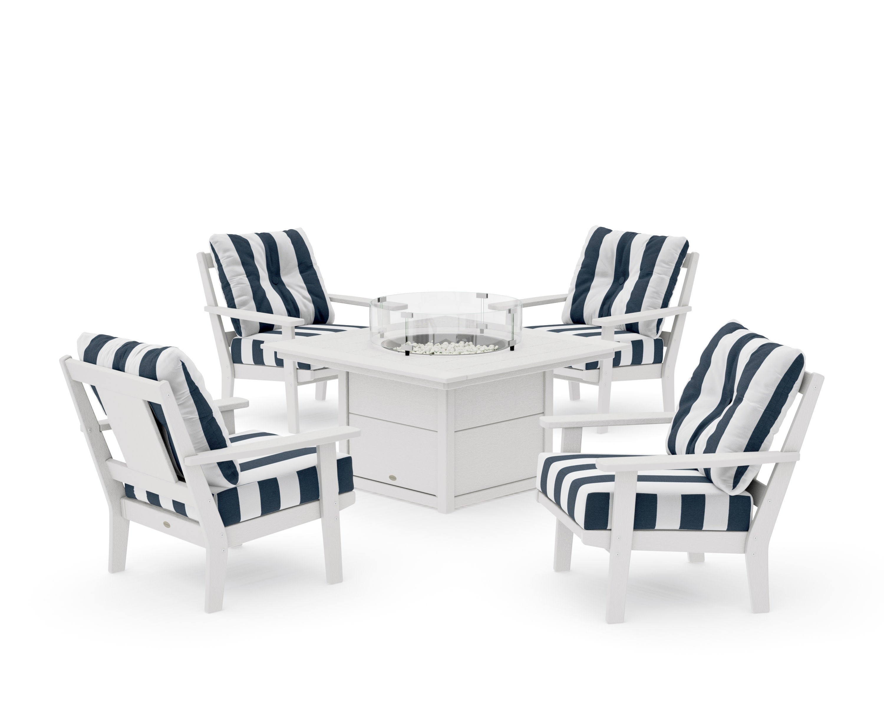 Prairie 5-Piece Deep Seating Set with Fire Pit Table in Vintage White / Cabana Stripe Marine Indigo