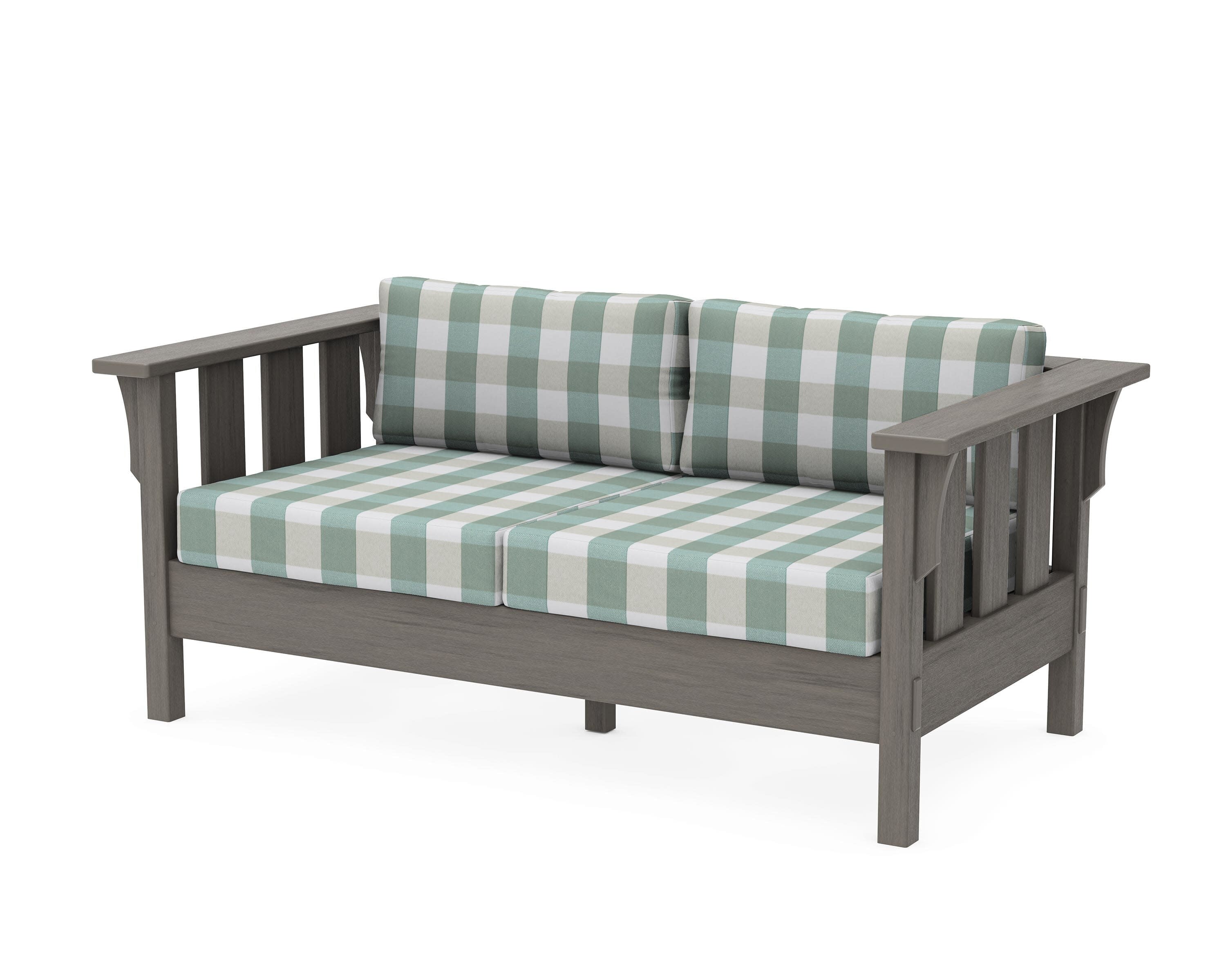 Acadia Deep Seating Loveseat in Driftwood / Buffalo Plaid Glacier Spa